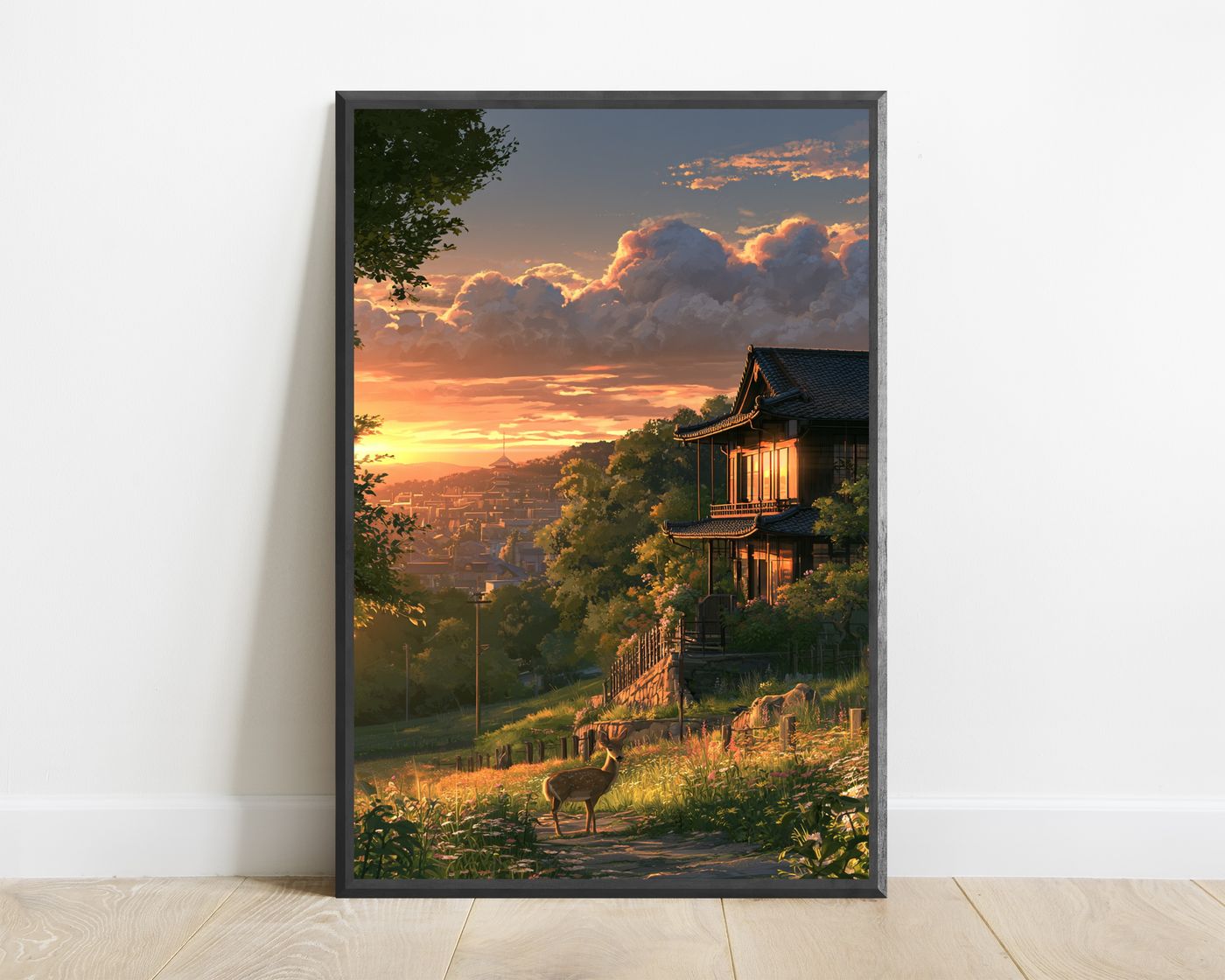 Asian Mansion Golden Sunset with Deer — view 1