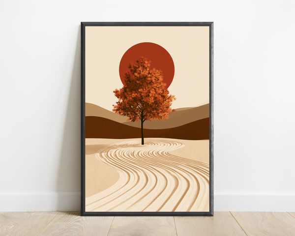 Autumn Tree Red Sun Minimalist Landscape