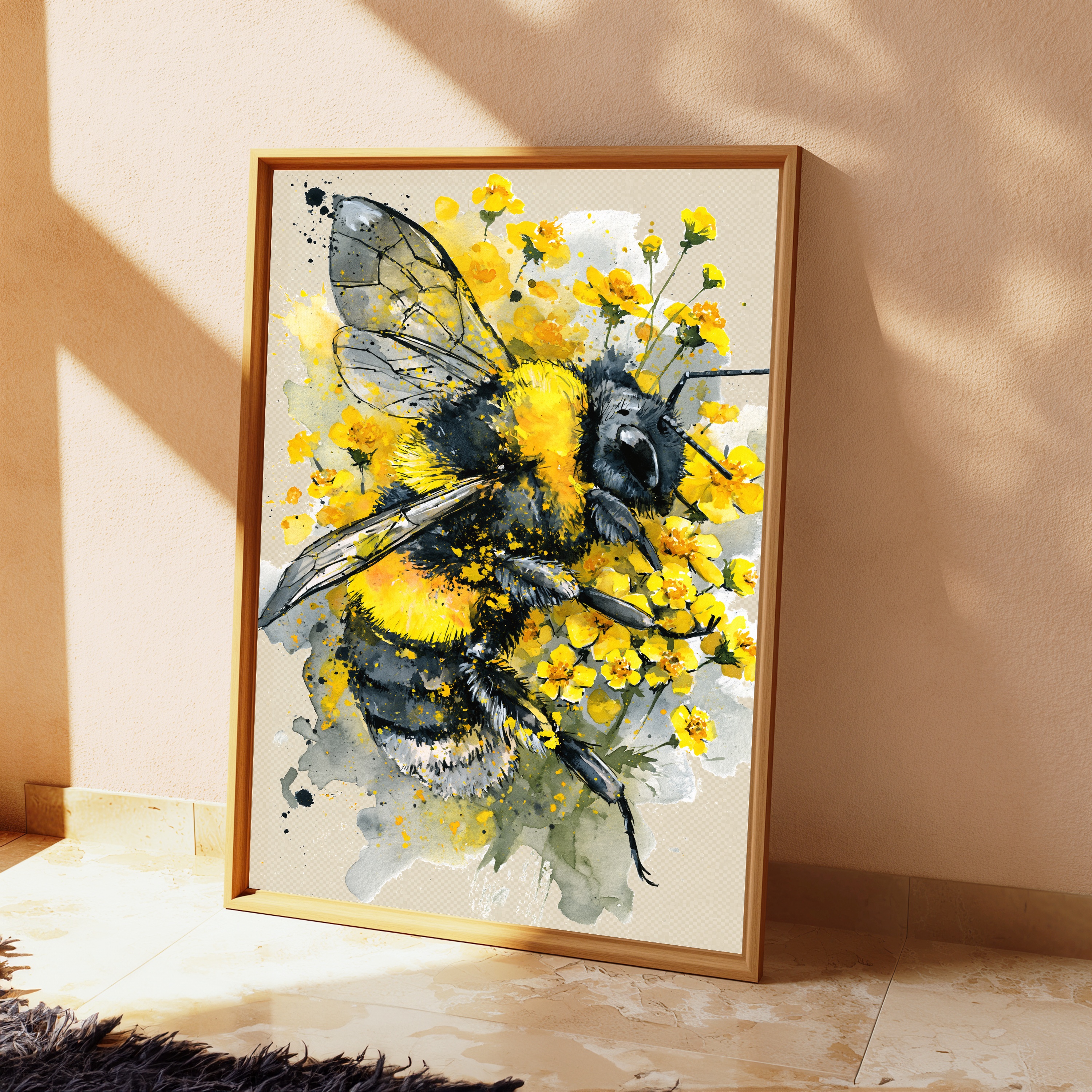 Bee with Yellow Flowers Watercolor Art Print view 2