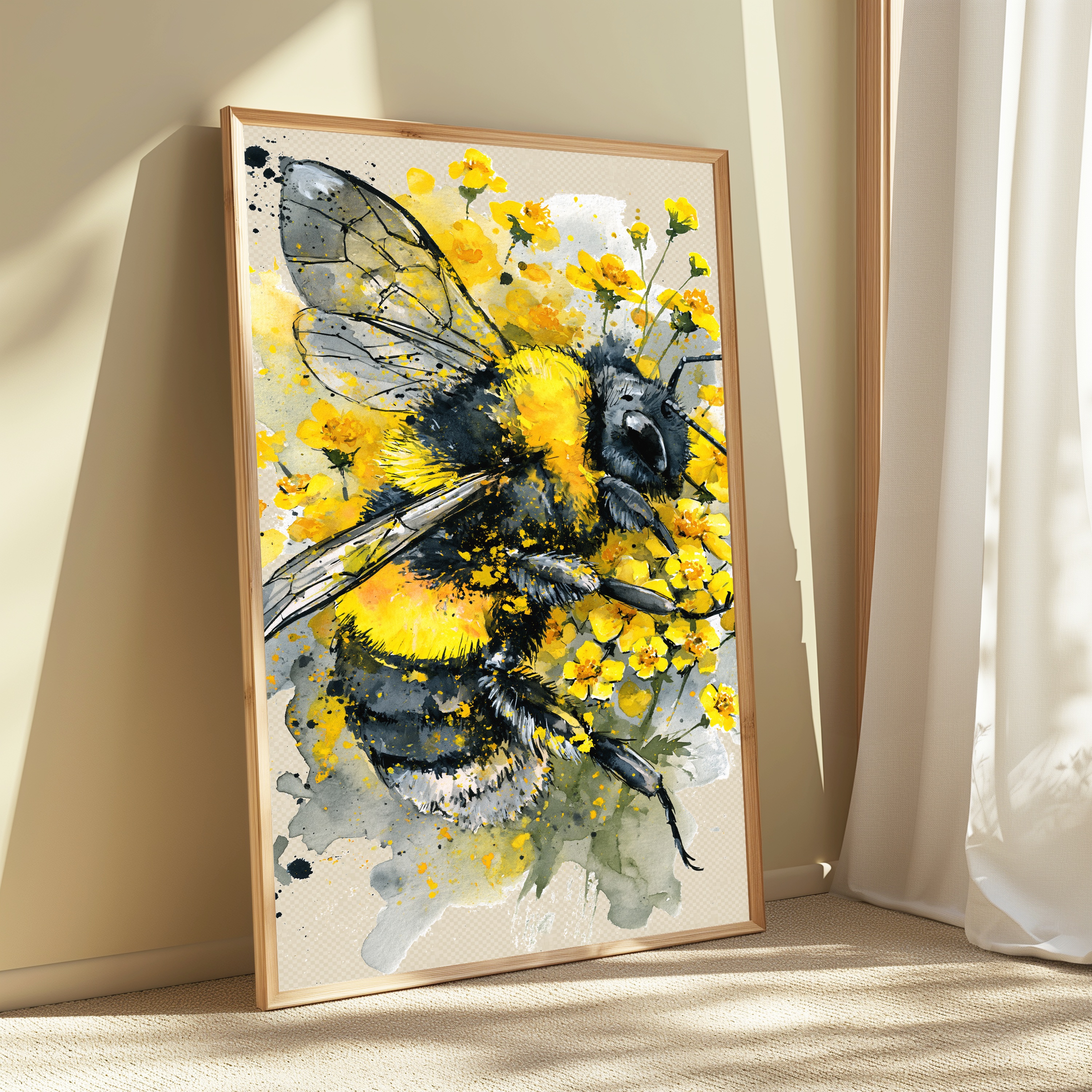 Bee with Yellow Flowers Watercolor Art Print view 3