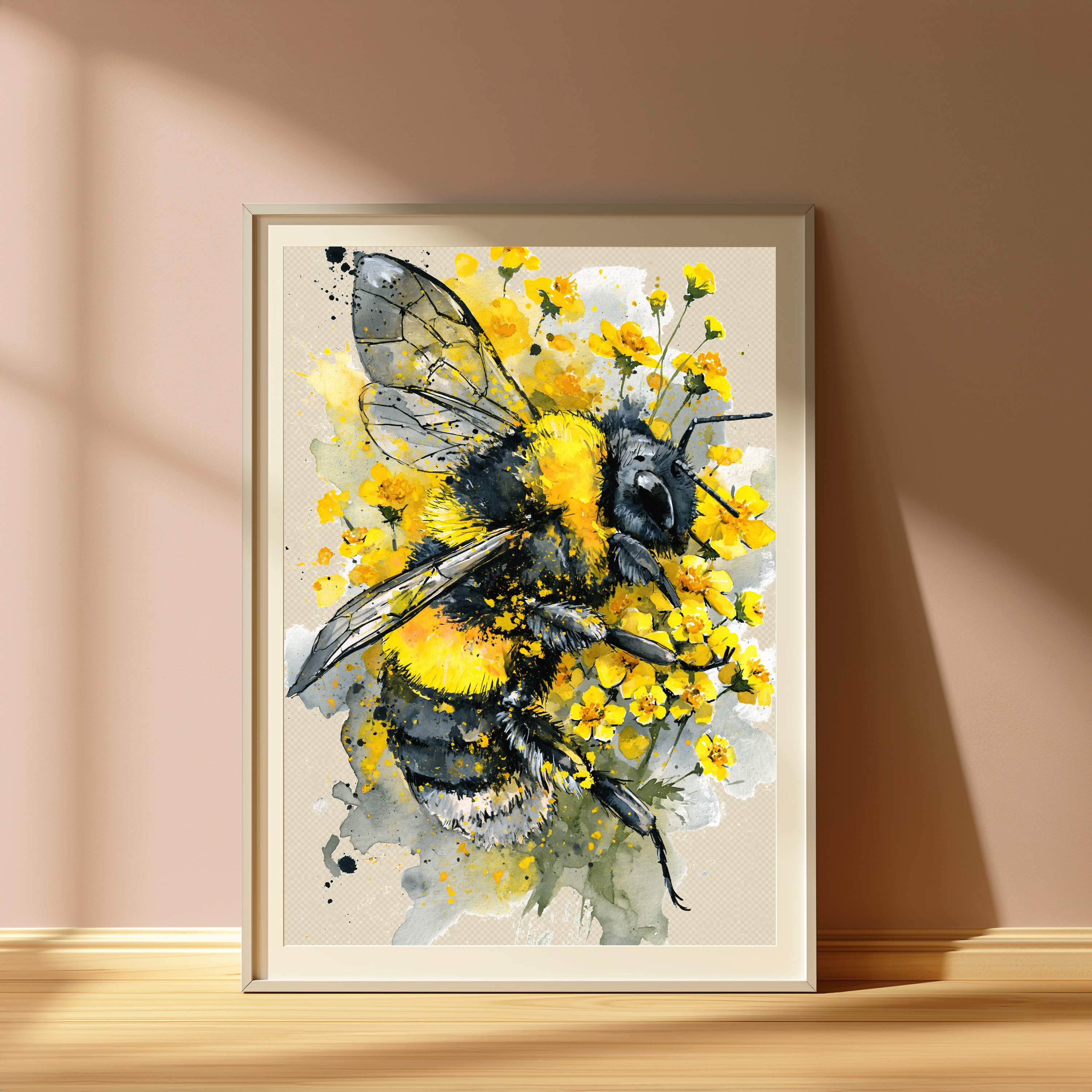 Bee with Yellow Flowers Watercolor Art Print view 4