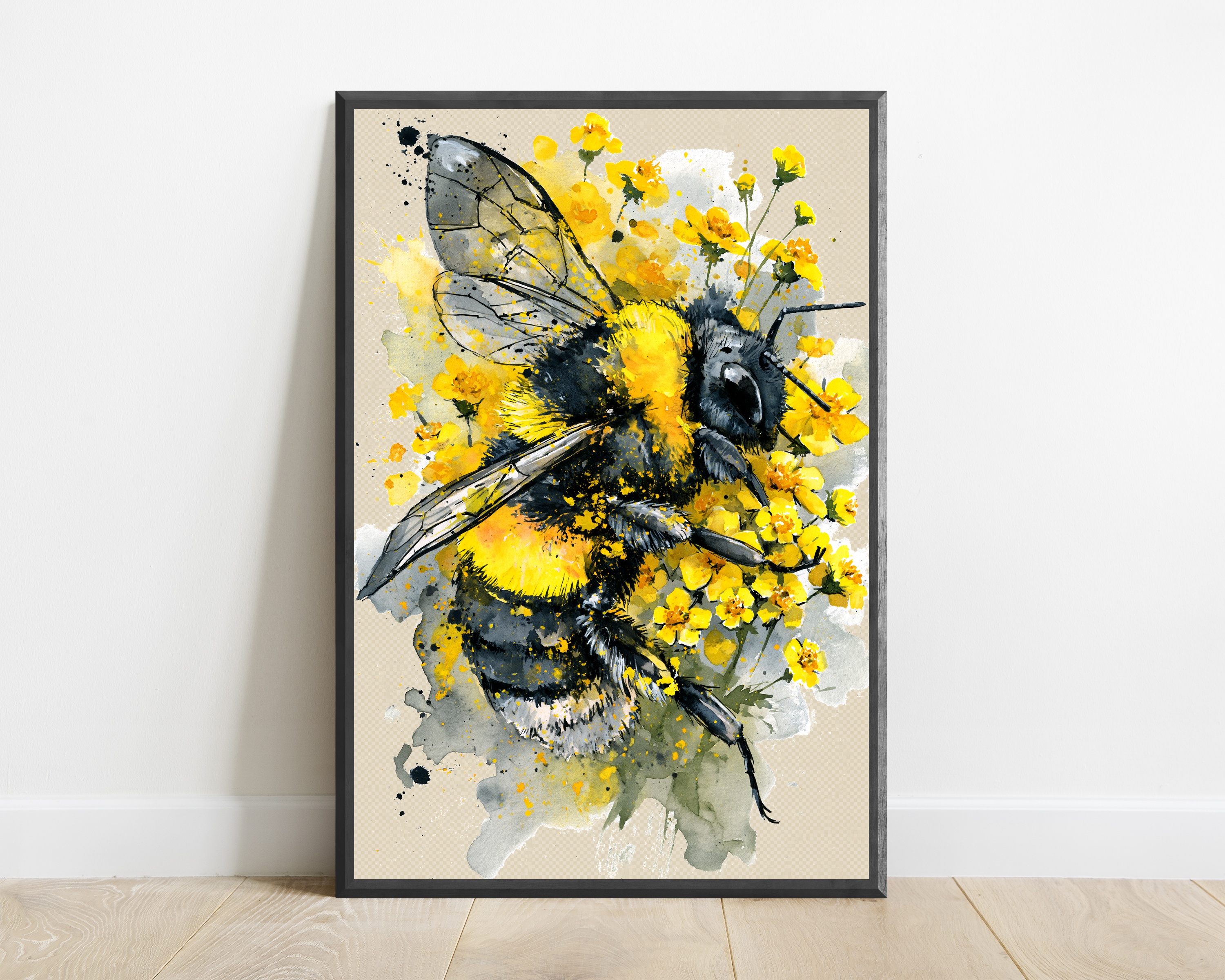 Bee with Yellow Flowers Watercolor Art Print