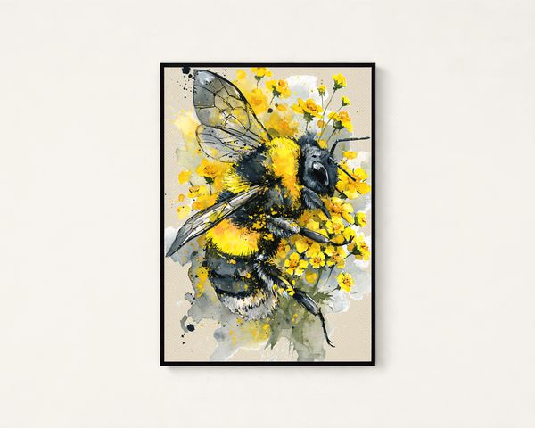 Watercolor Bee and Yellow Flowers Print