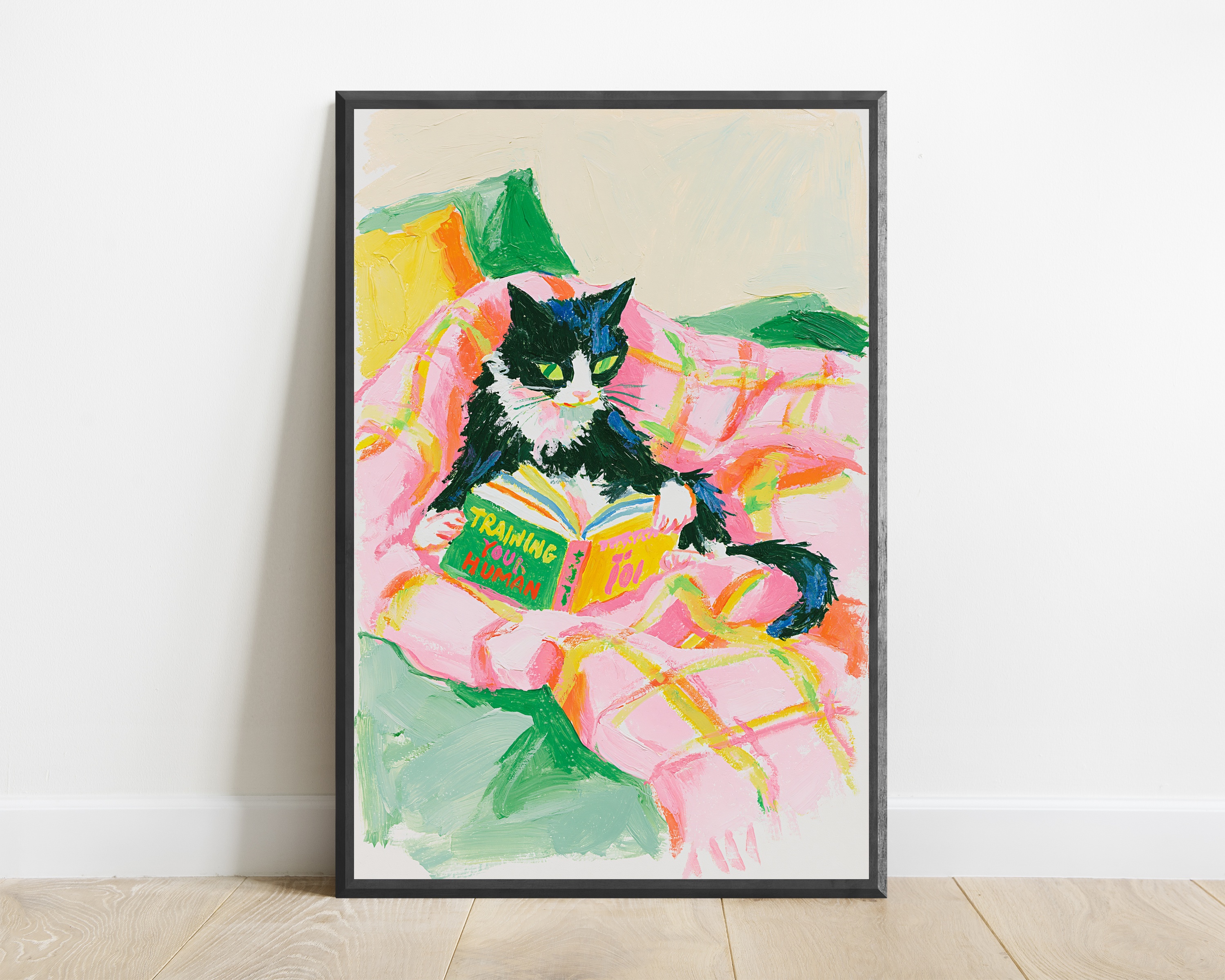 Black and White Cat Reading 'Training Your Human' Book Print — view 1