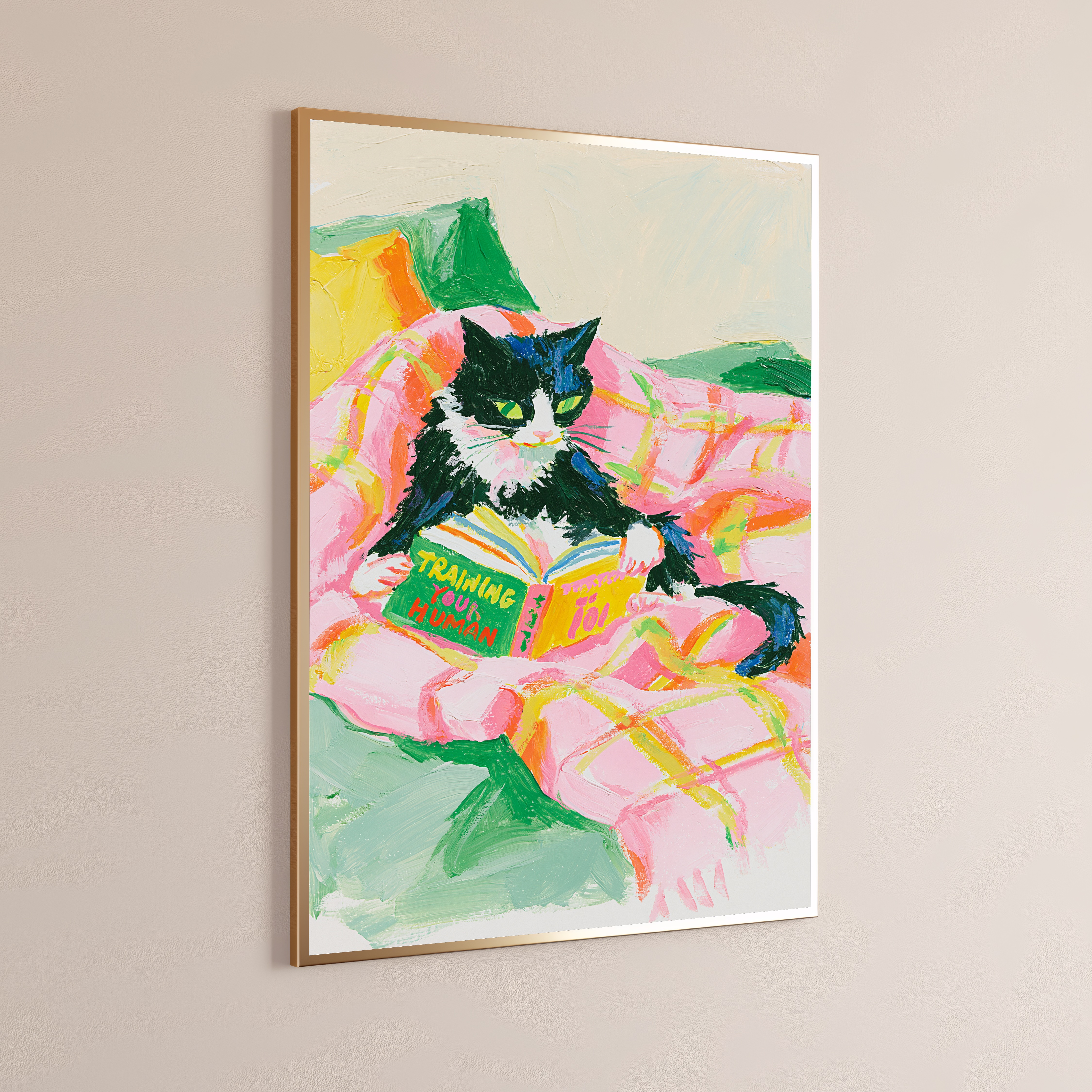 Black and White Cat Reading 'Training Your Human' Book Print
