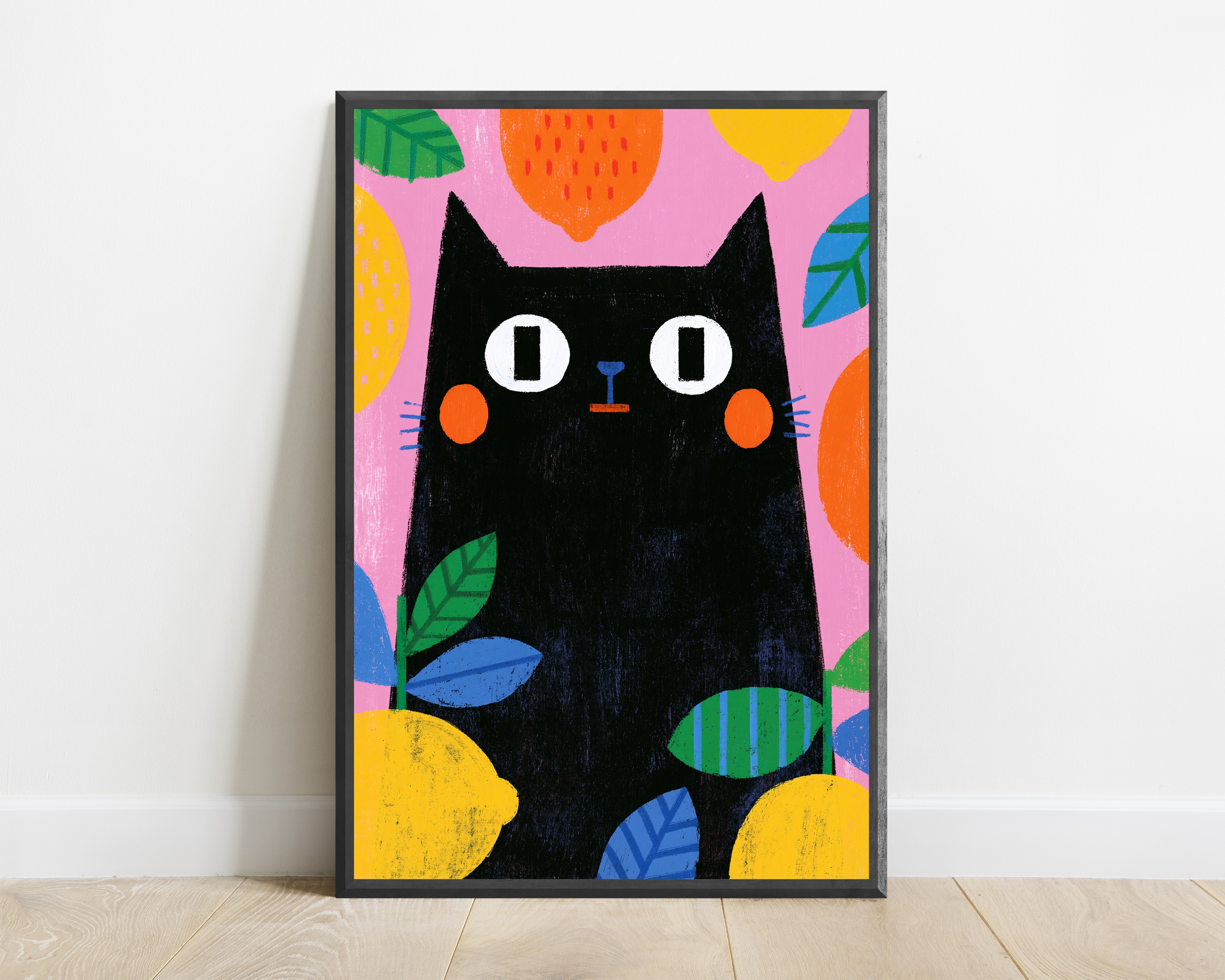 Black Cat Fruit Illustration Pop Art Print — view 1