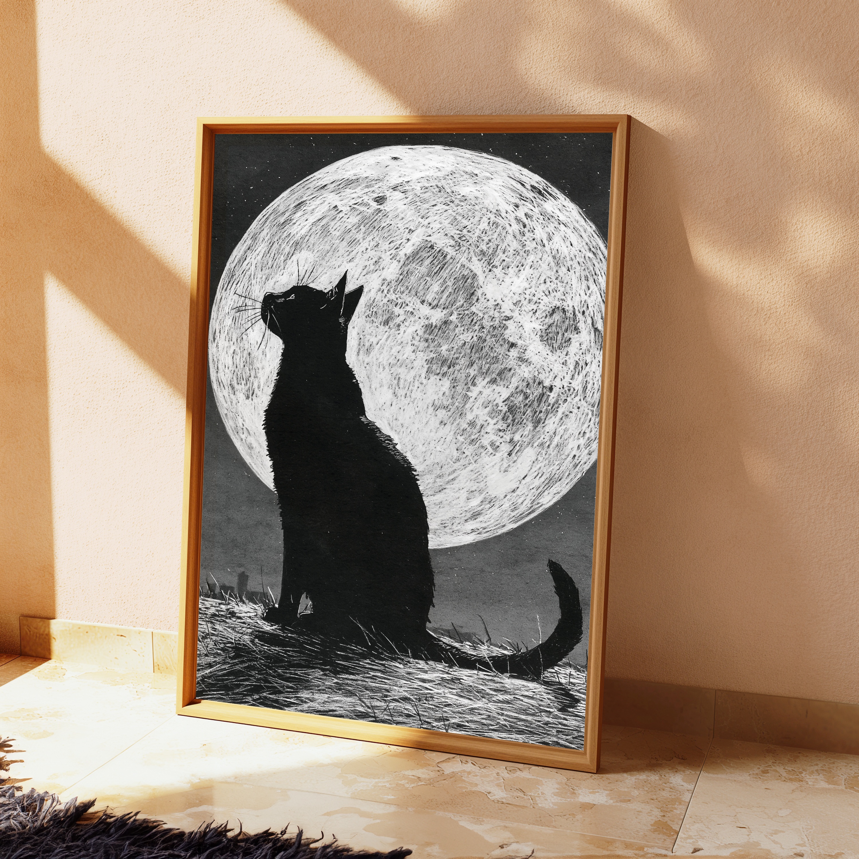 Black Cat Howling at Moon Silhouette view 2