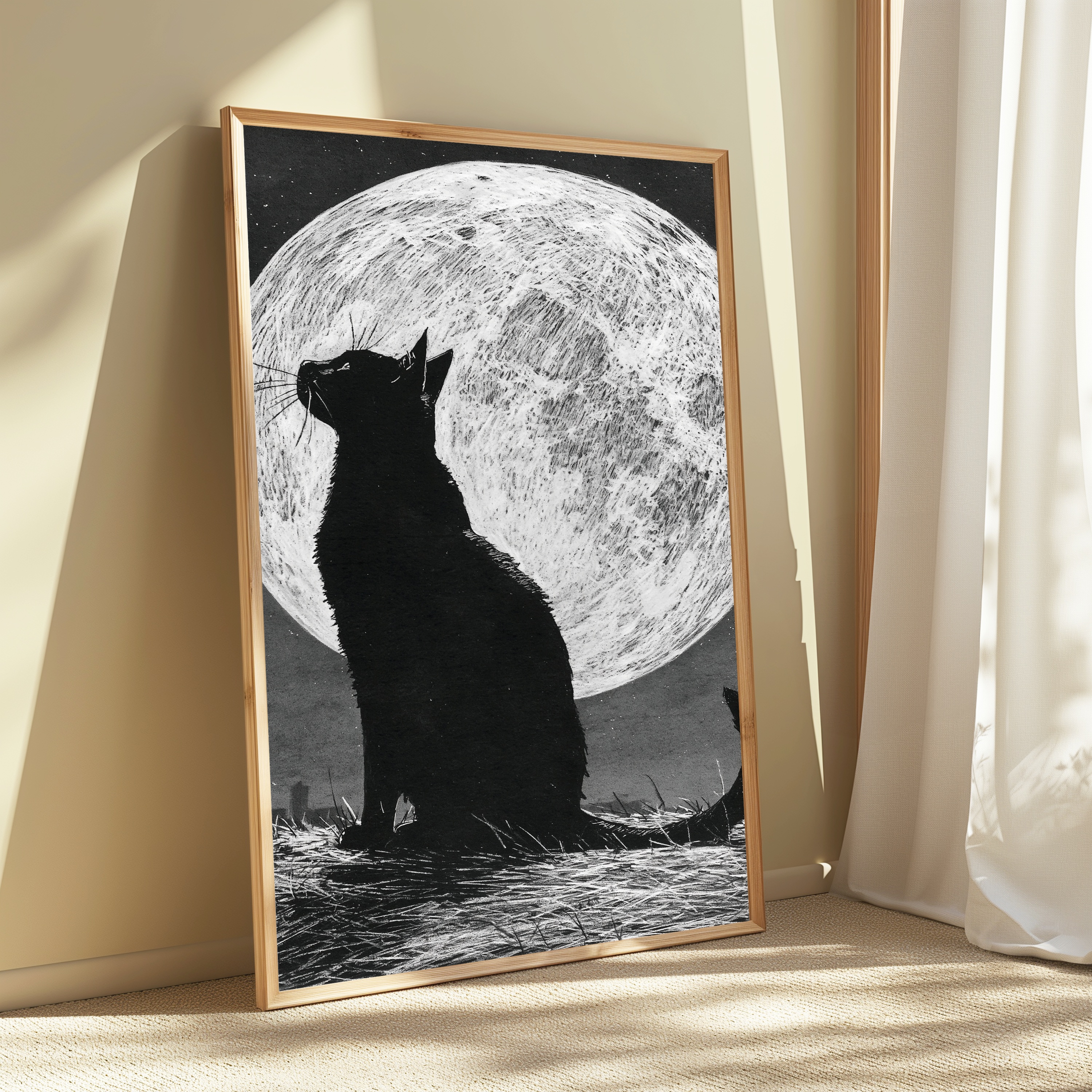 Black Cat Howling at Moon Silhouette view 3