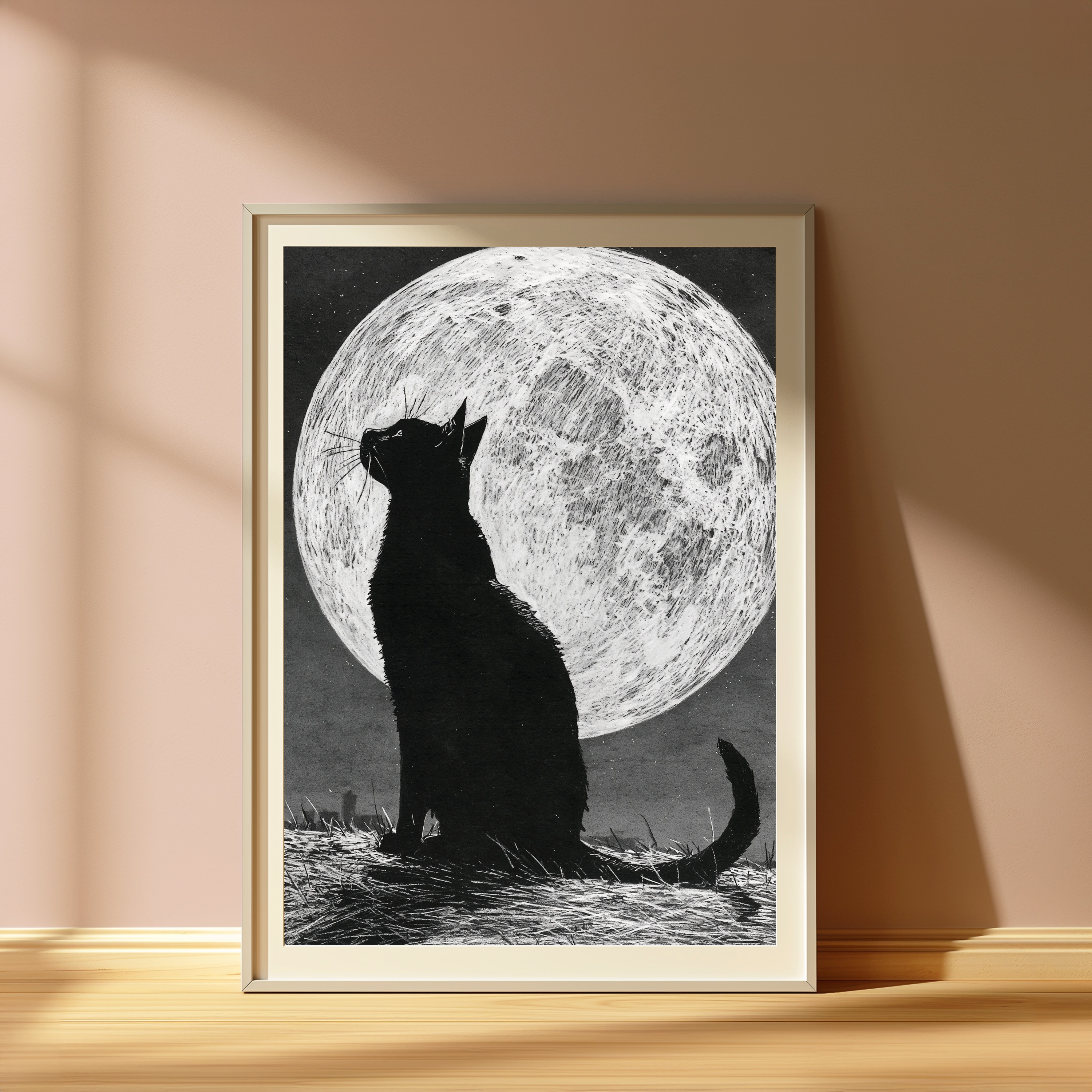 Black Cat Howling at Moon Silhouette view 4