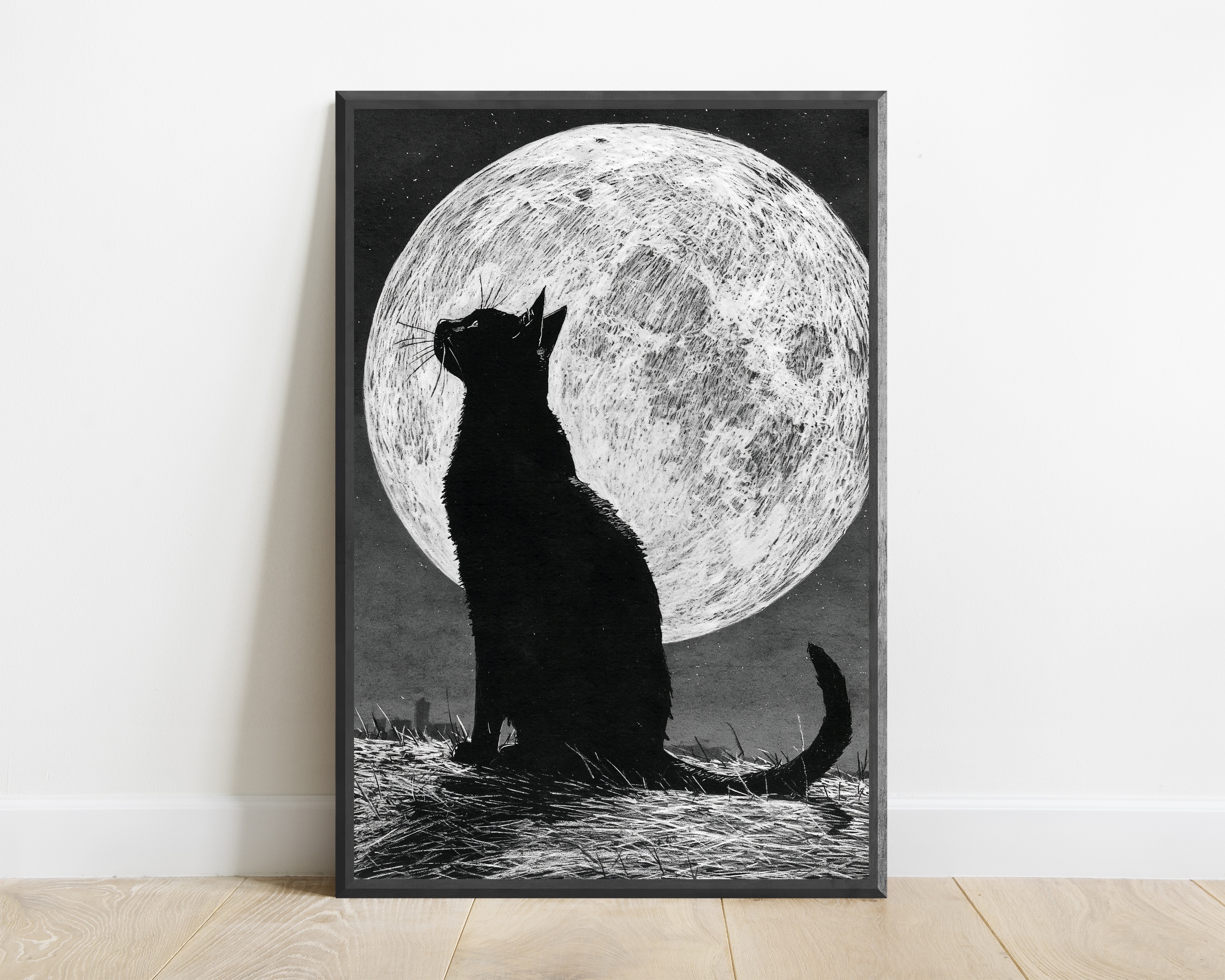 Black Cat Howling at Moon Silhouette