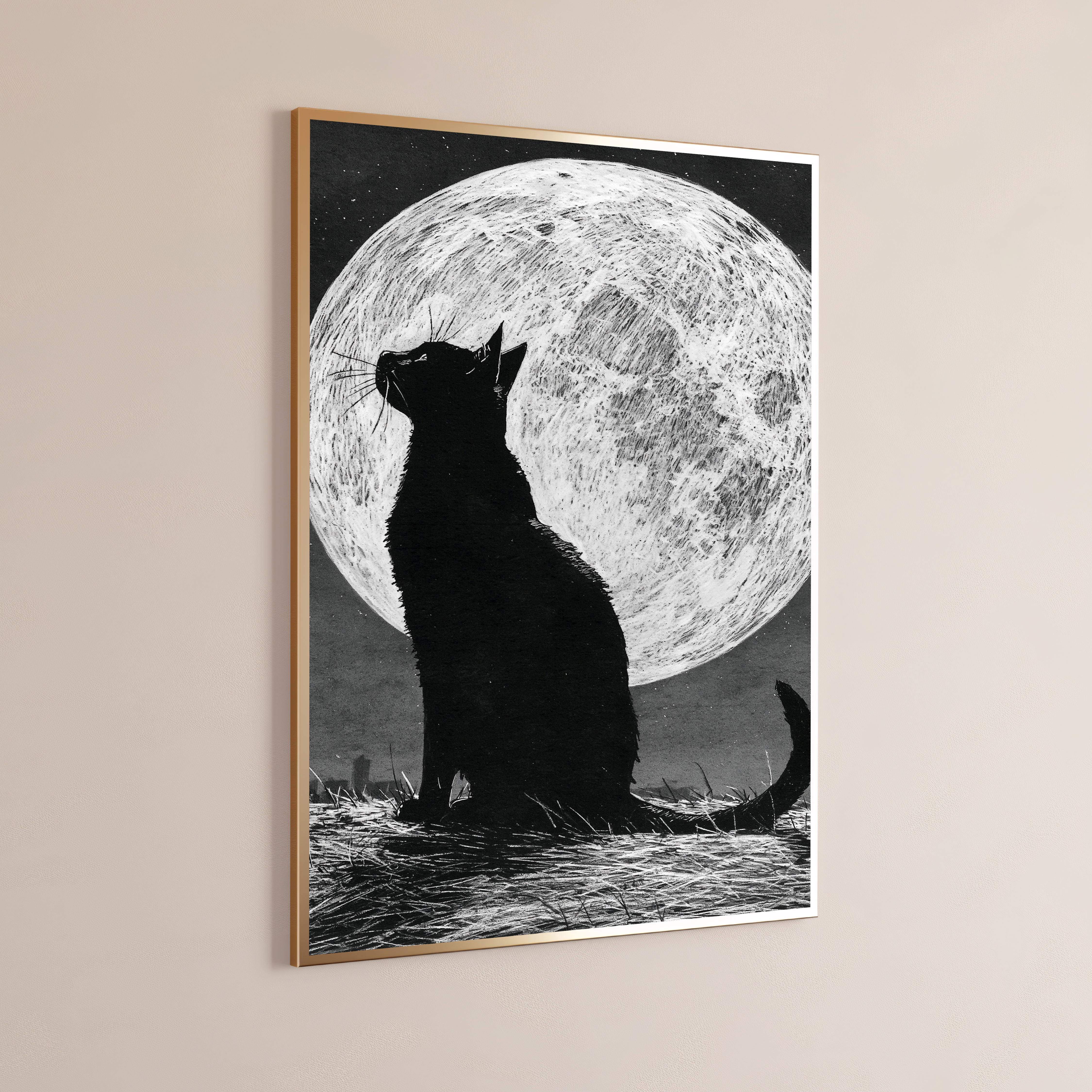 Black Cat Howling at Moon Silhouette