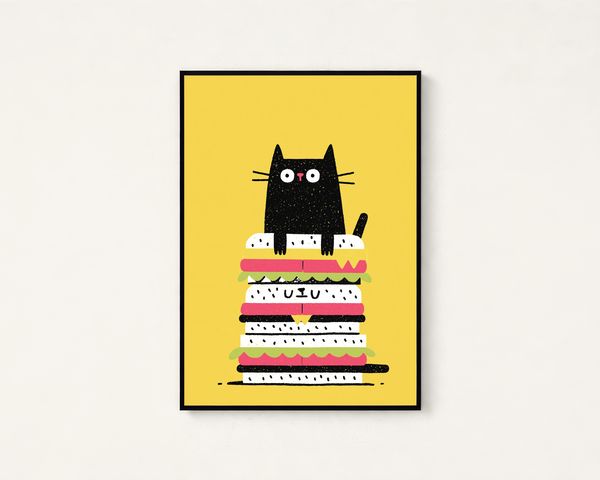 Black Cat on Sandwich Stack Pop Art Print