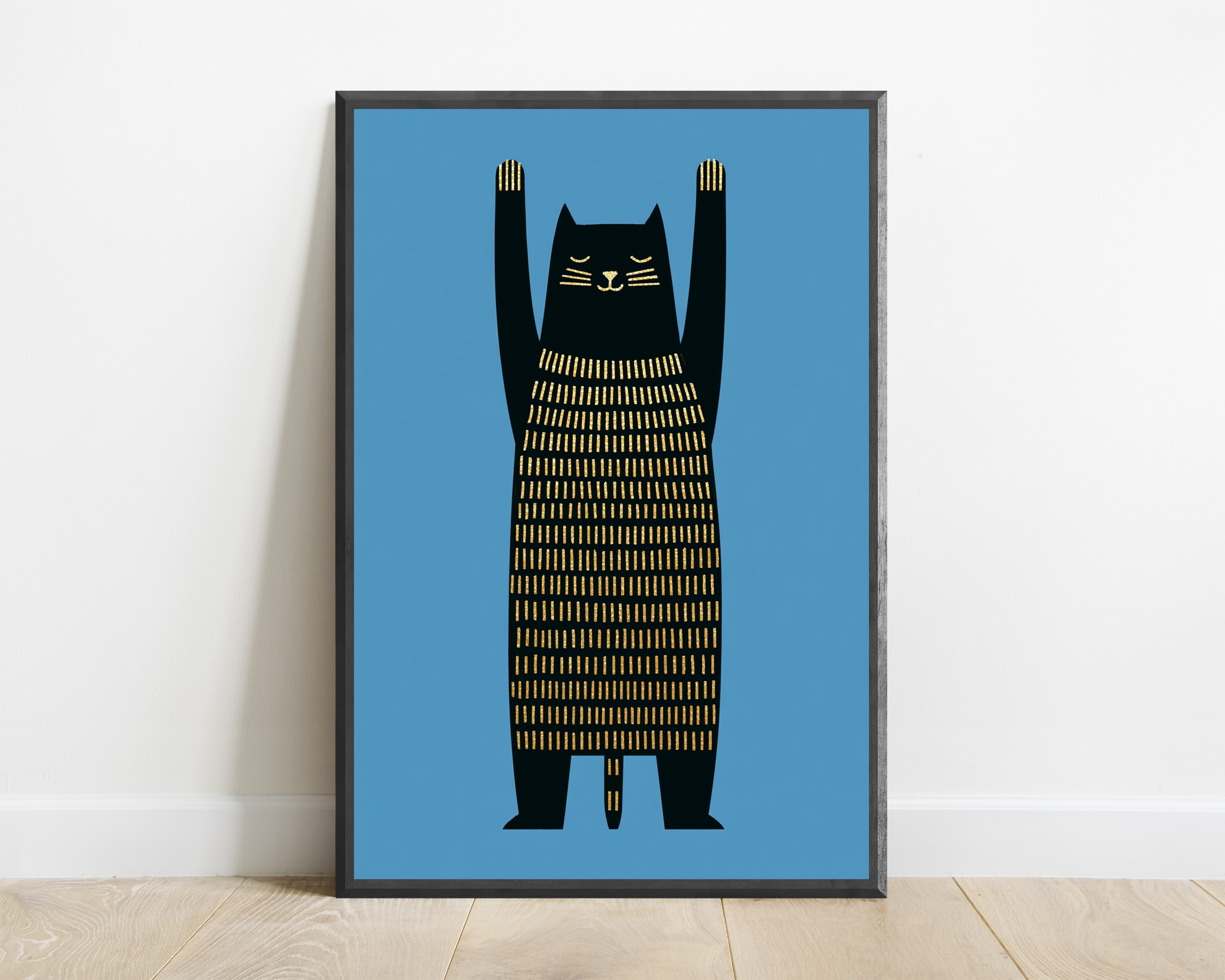 Black Cat with Gold Stripes Minimalist Print