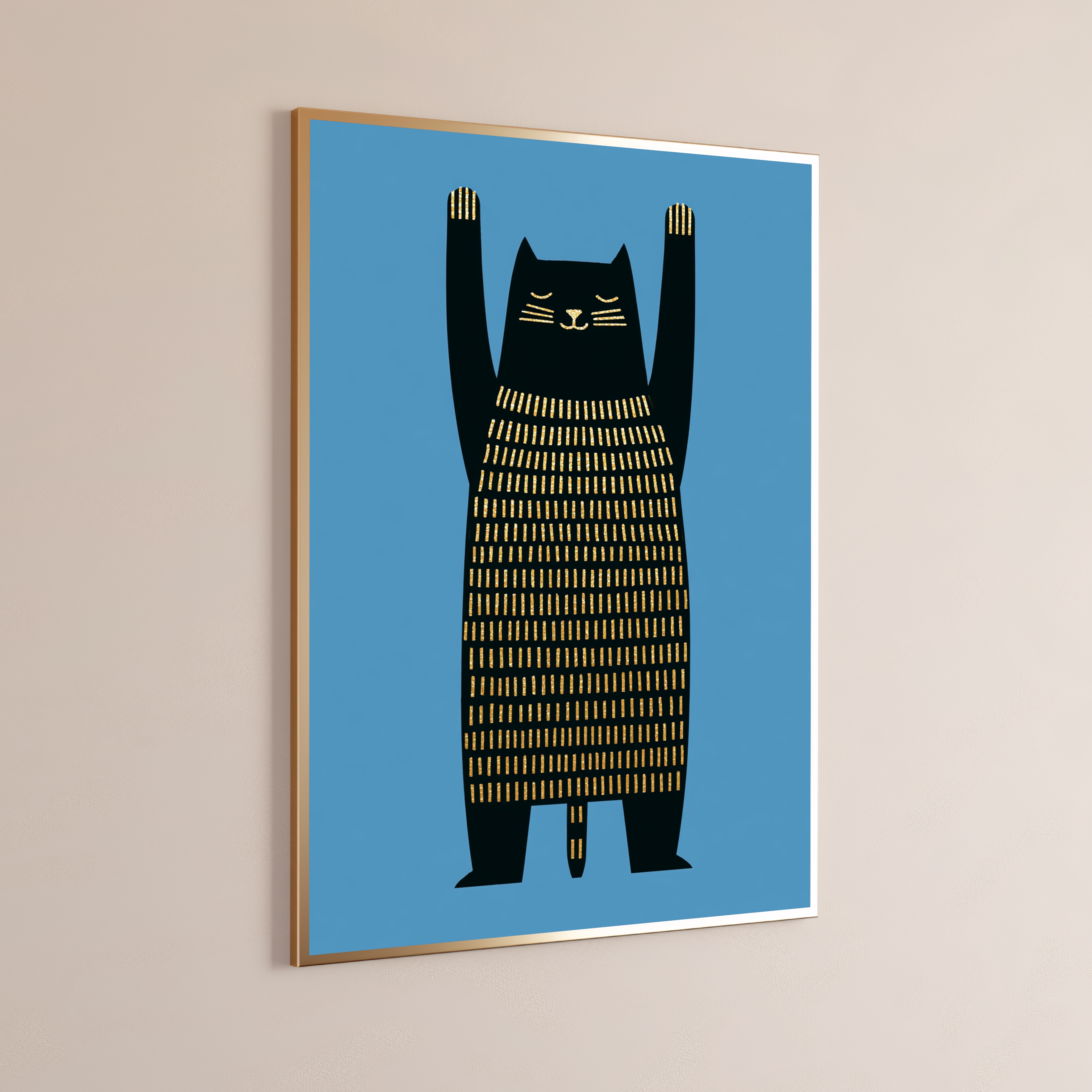 Black Cat with Gold Stripes Minimalist Print