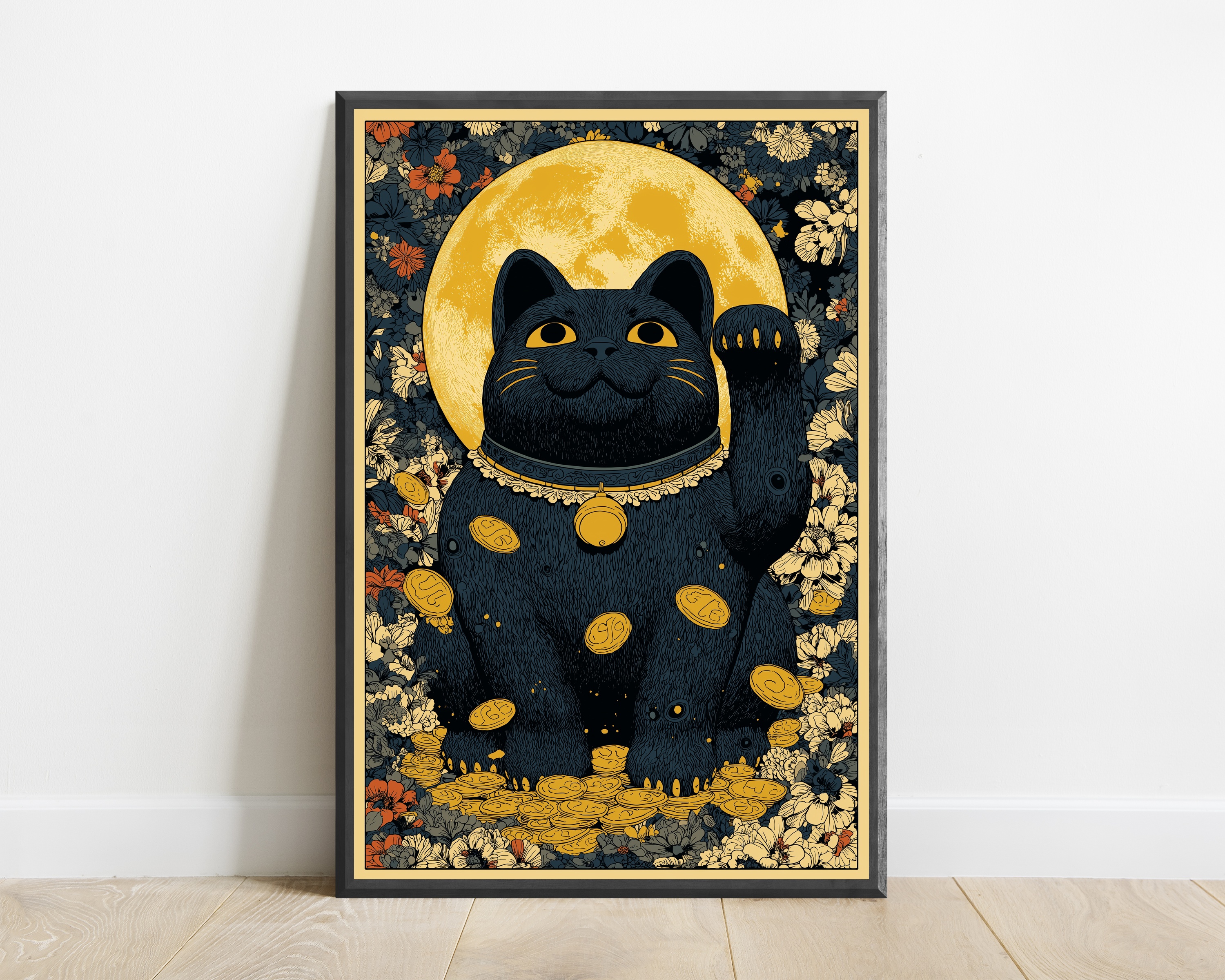 Black Lucky Cat with Moon
