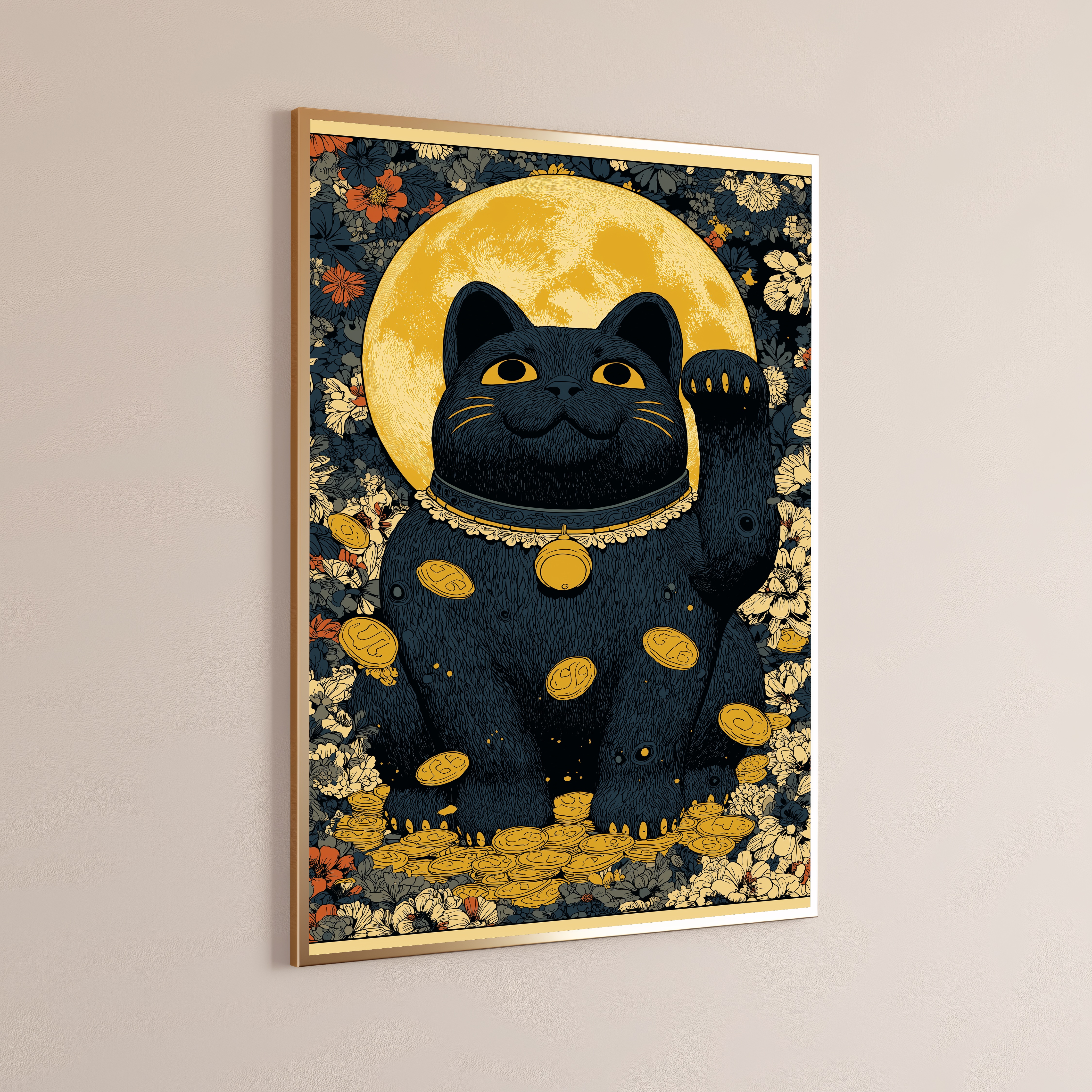 Black Lucky Cat with Moon