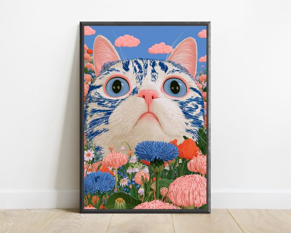 Blue-Eyed Tabby Cat Wildflower Garden Pop Art Print