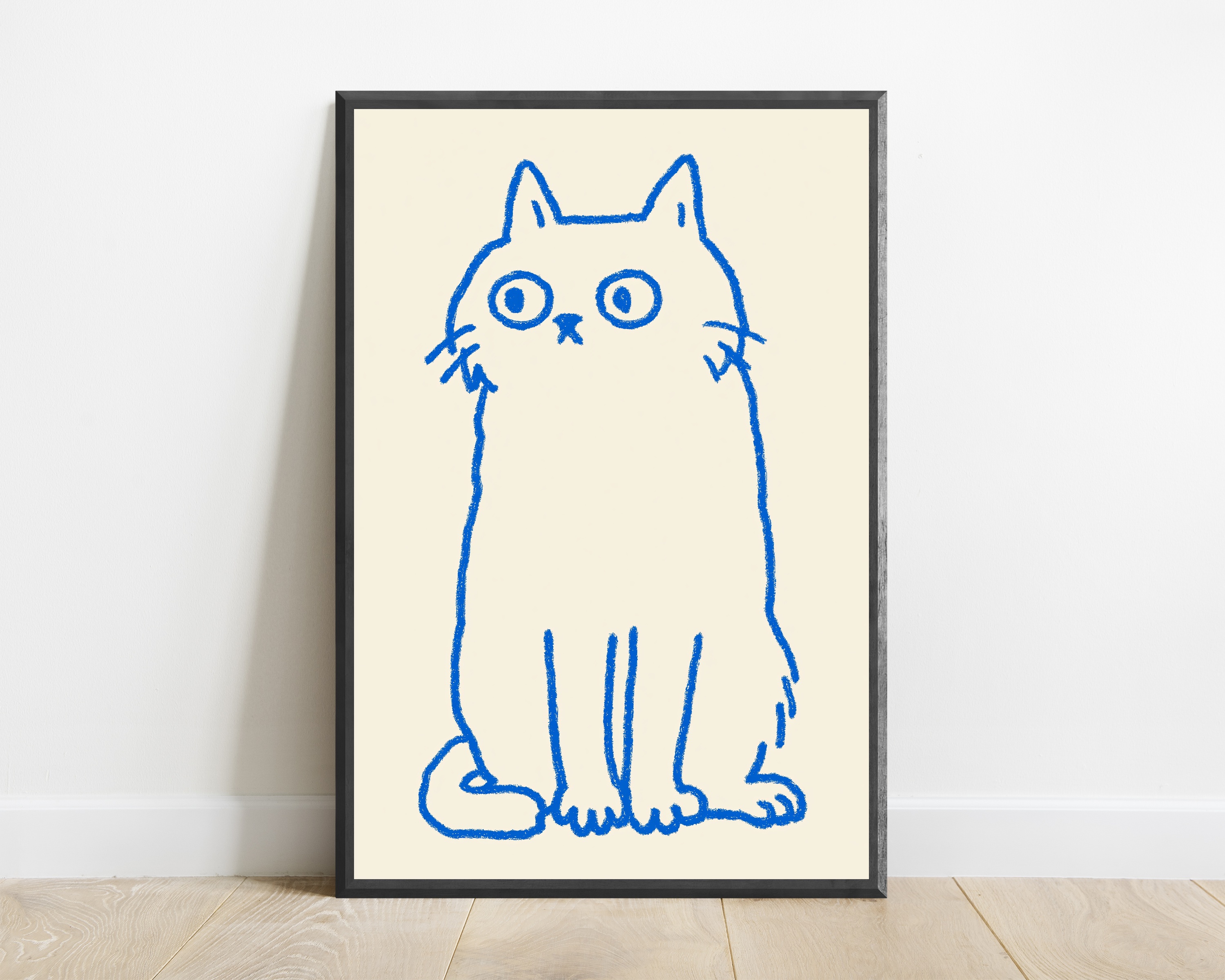 Blue Sketchy Cat Line Drawing Print