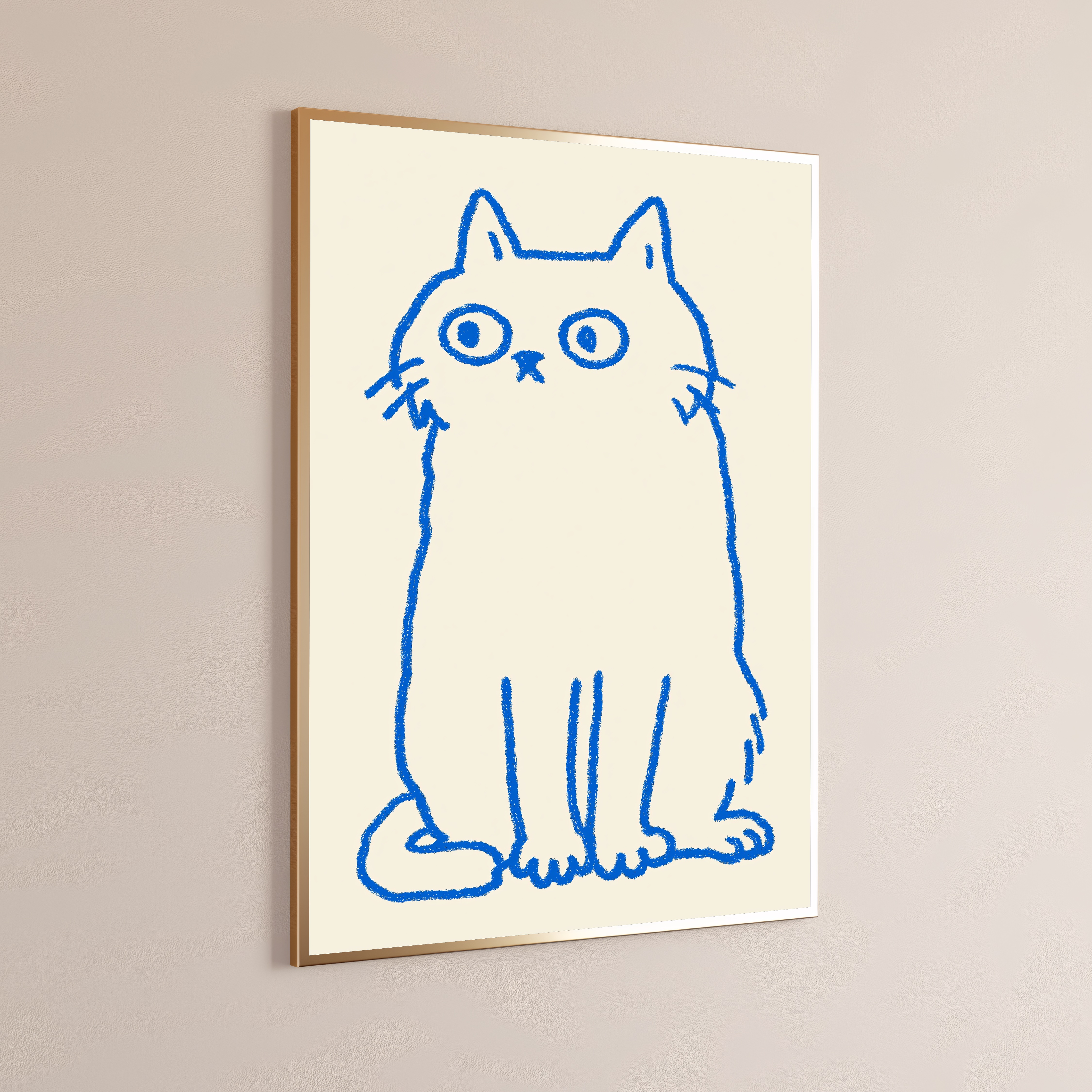 Blue Sketchy Cat Line Drawing Print