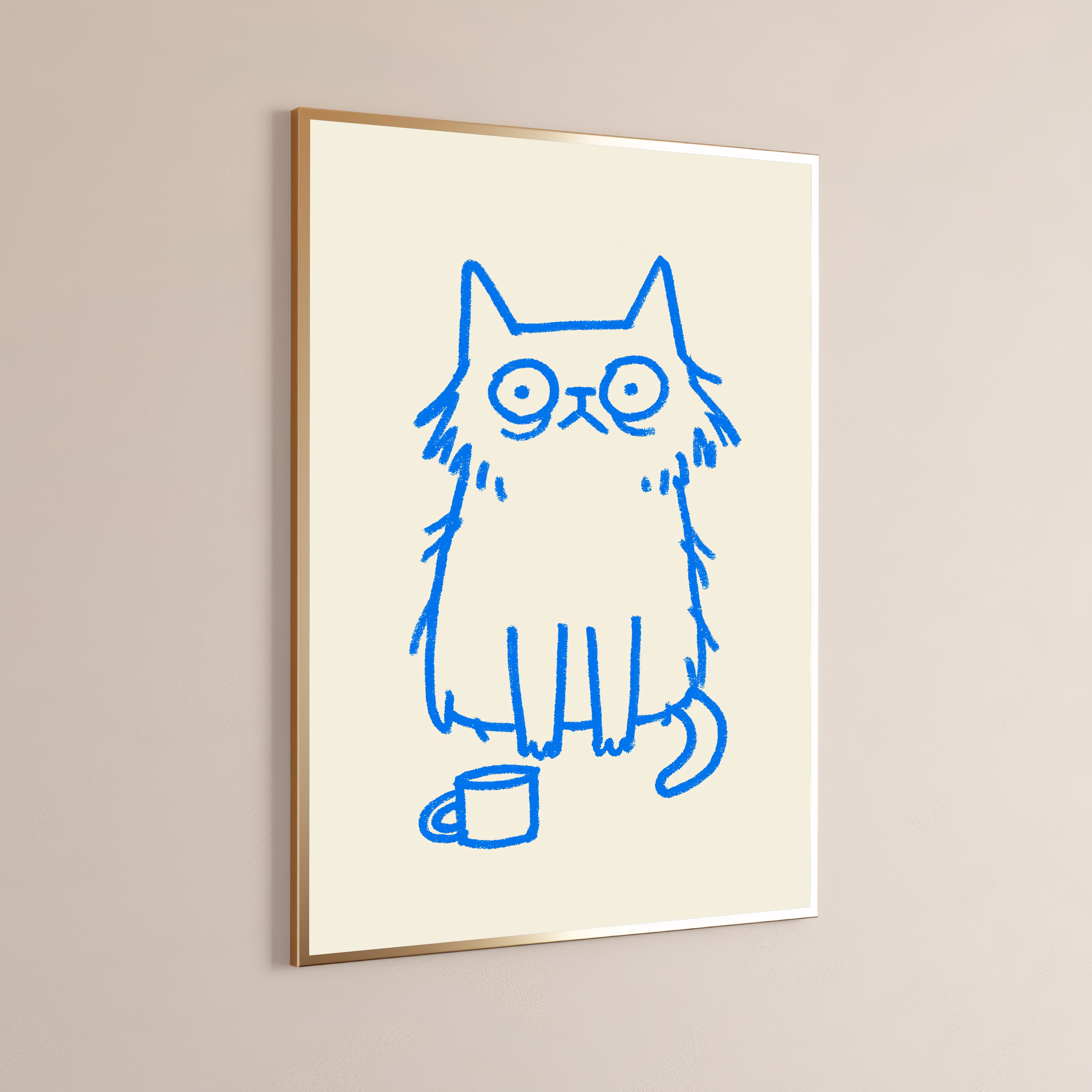 Blue Sketchy Cat with Coffee Mug