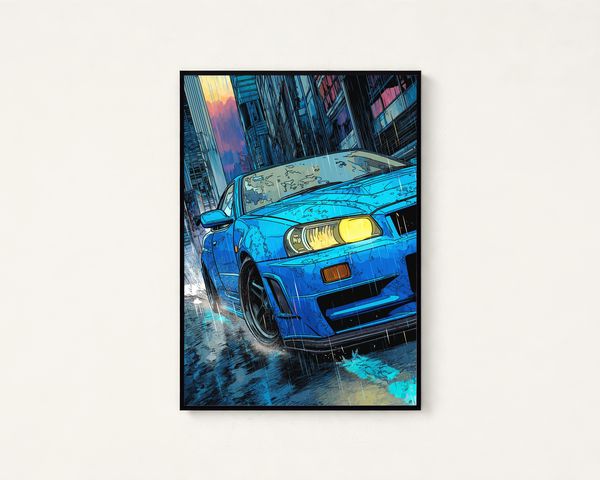 Blue Sports Car Rainy Street Art Print
