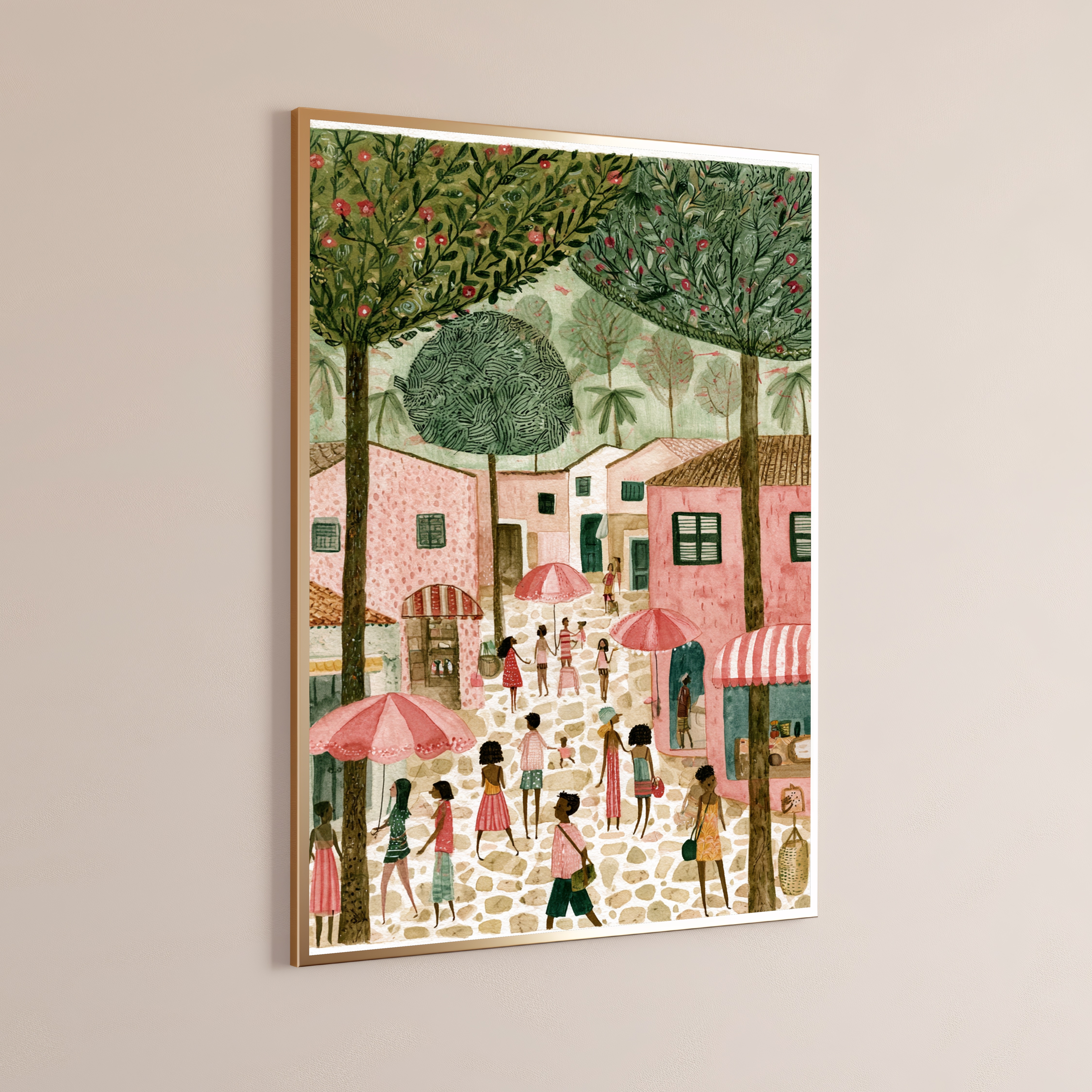 Bustling Market Village Square Wall Art