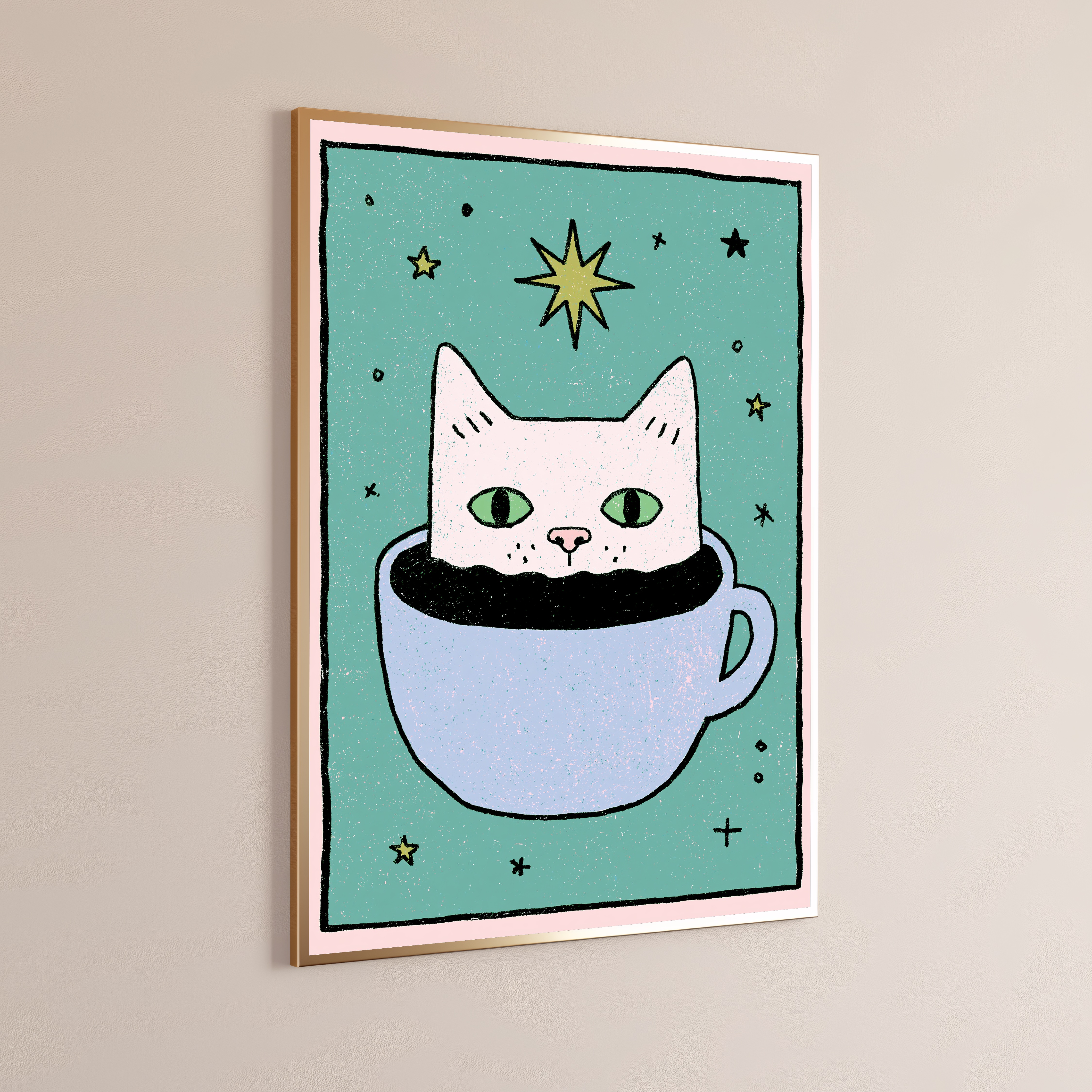 Cat in Coffee Mug Stars Wall Art