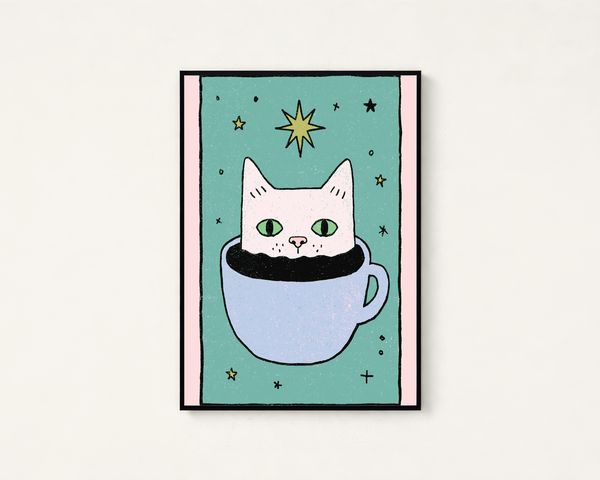 Whimsical Cat in Coffee Mug Print