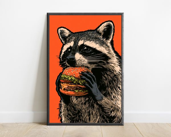 Cheeky Raccoon with Burger Pop Art Print