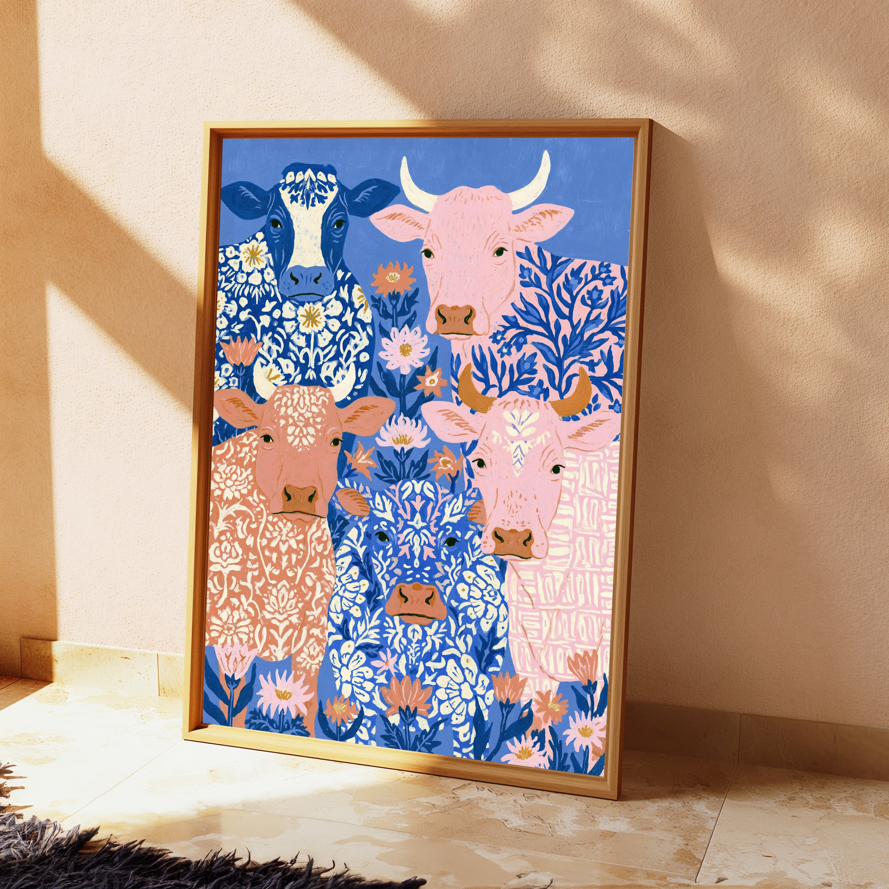 Colourful Cows Botanical Pattern Print view 2