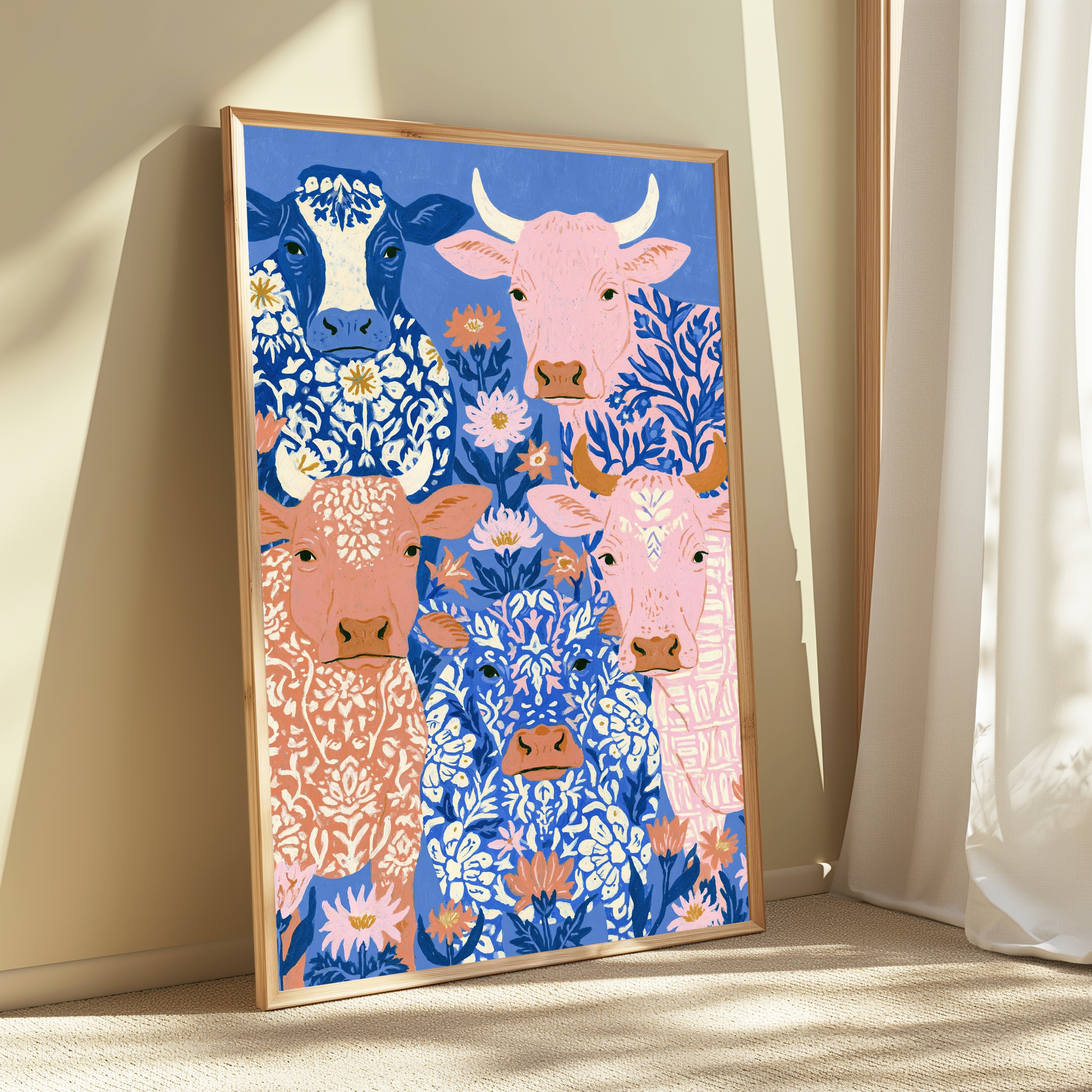 Colourful Cows Botanical Pattern Print view 3