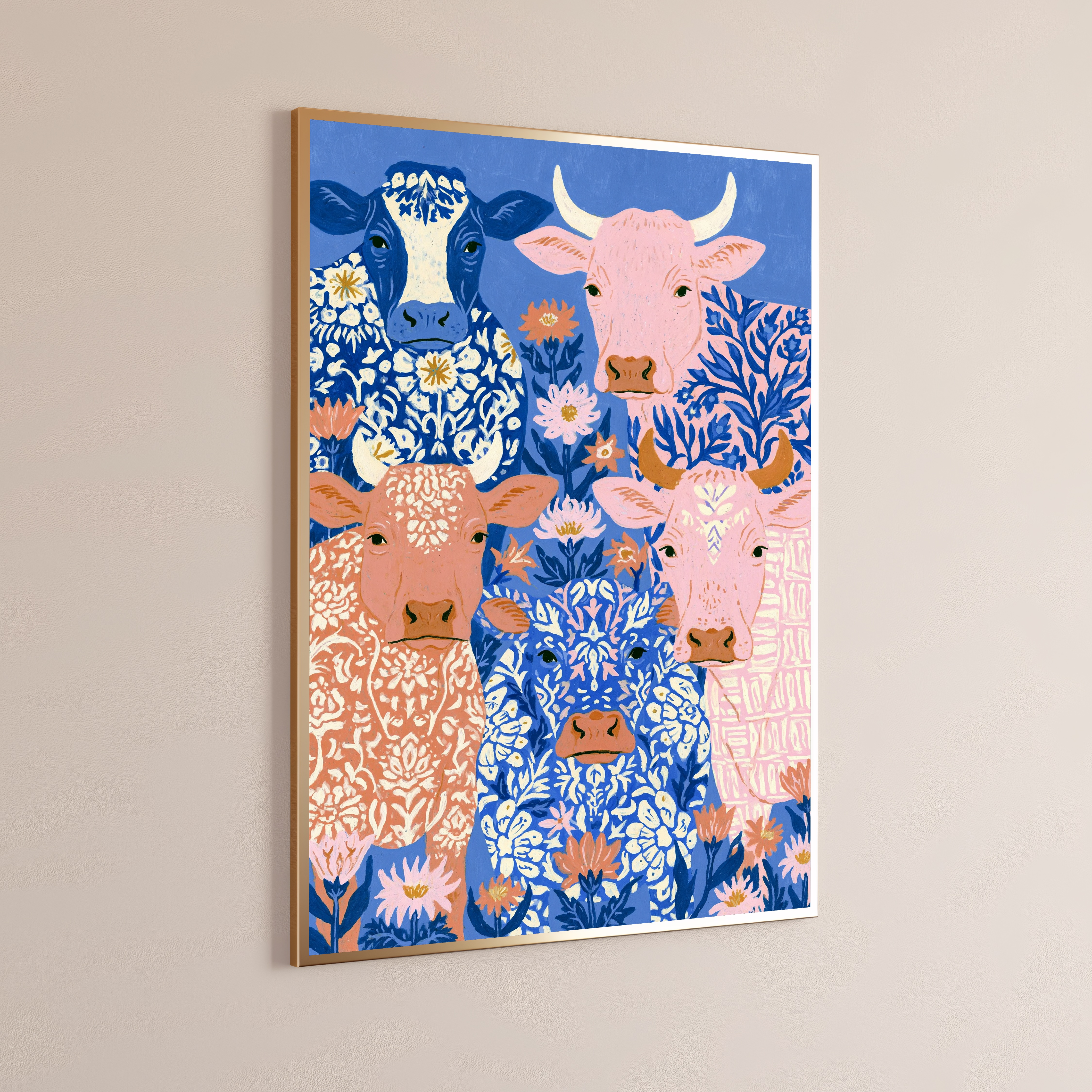 Colourful Cows Botanical Pattern Print