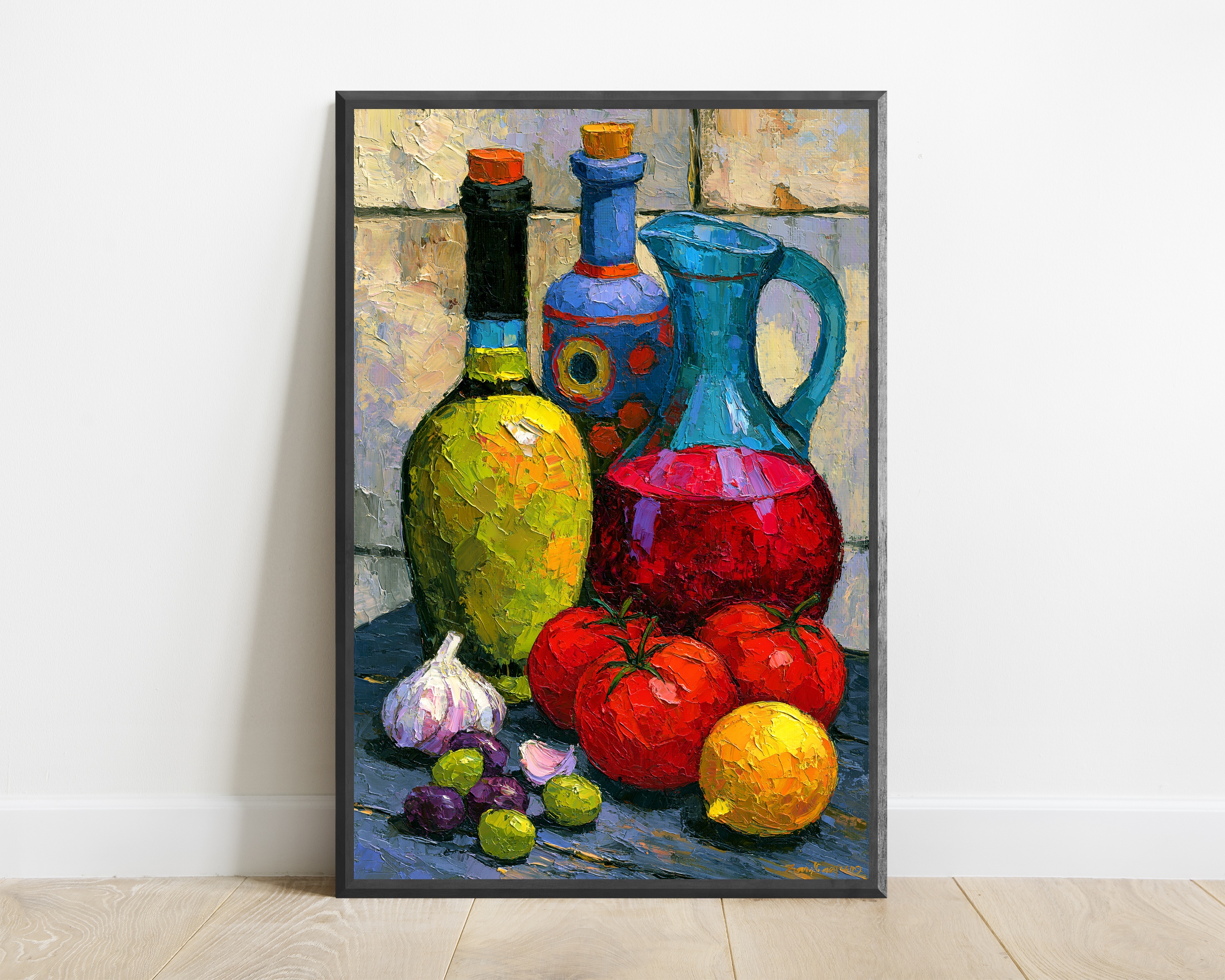 Colourful Wine Bottles Tomatoes Still Life — view 1