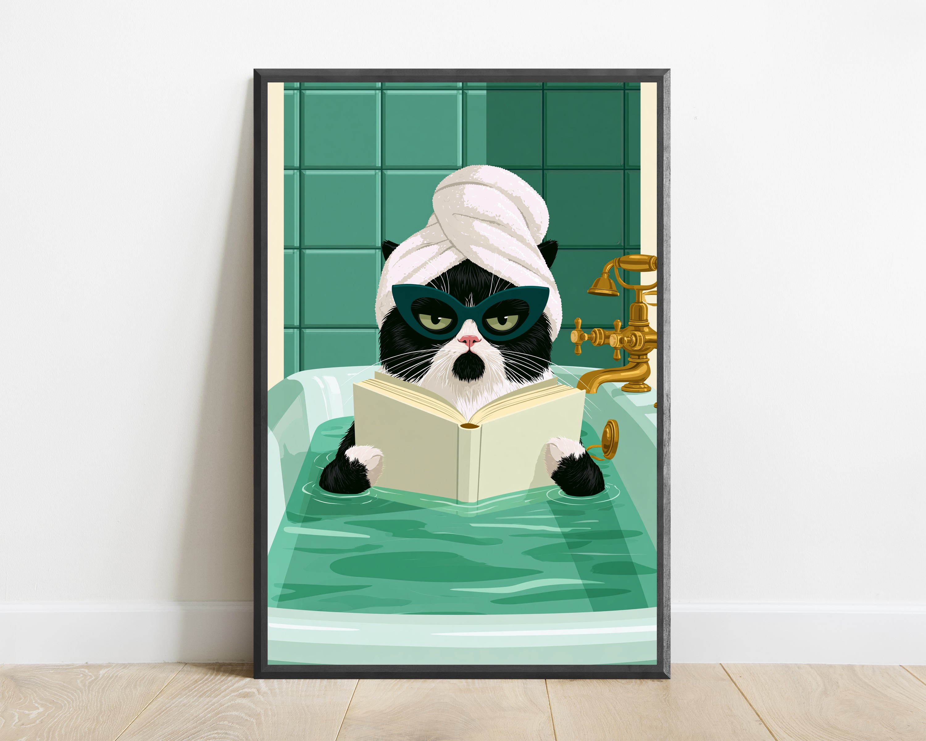 Cool Black Cat Sunglasses Bathtub Print