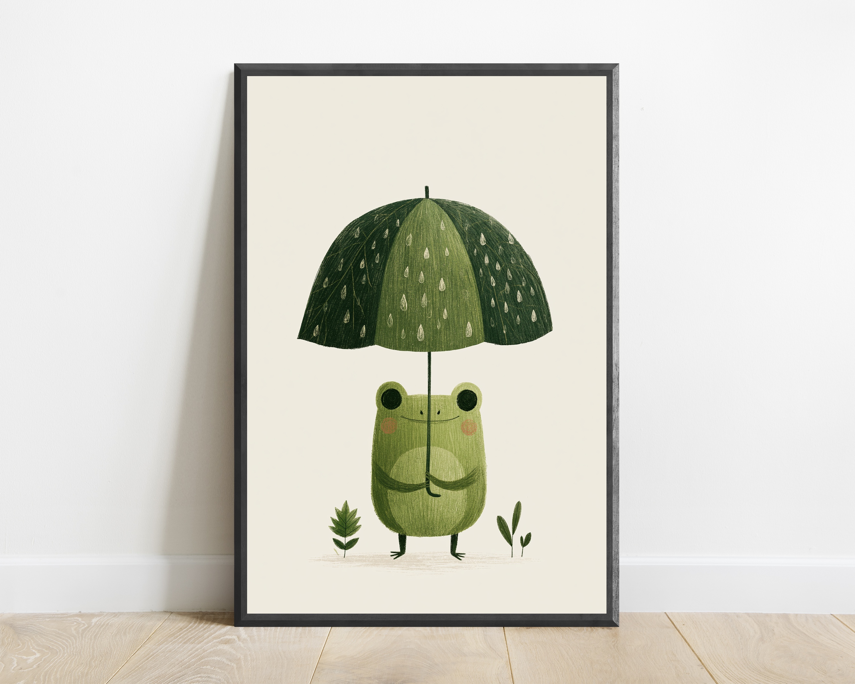 Cosy Frog with Umbrella Minimalist Art Print — view 1