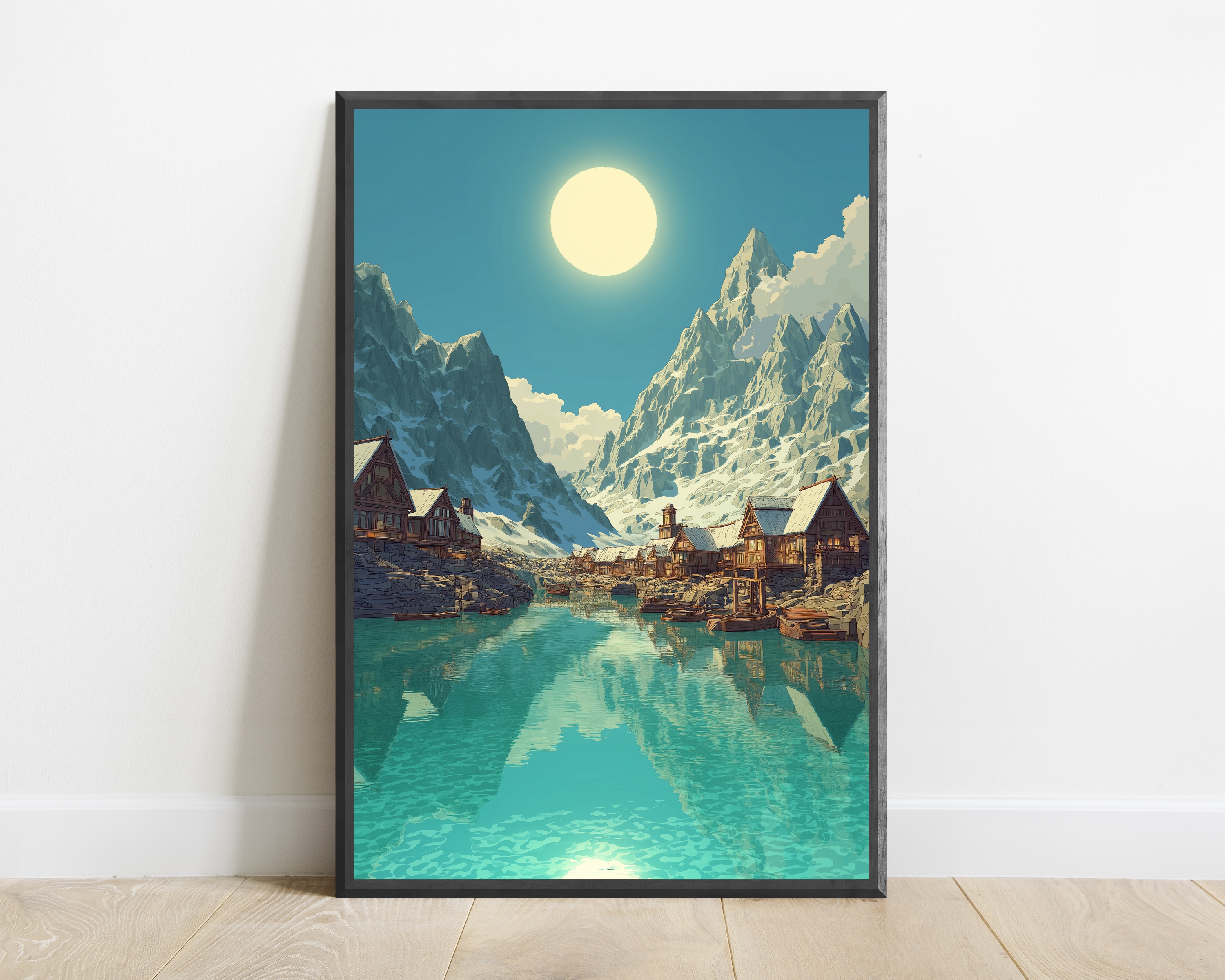 Alpine Lake Village Anime Art Print — view 1