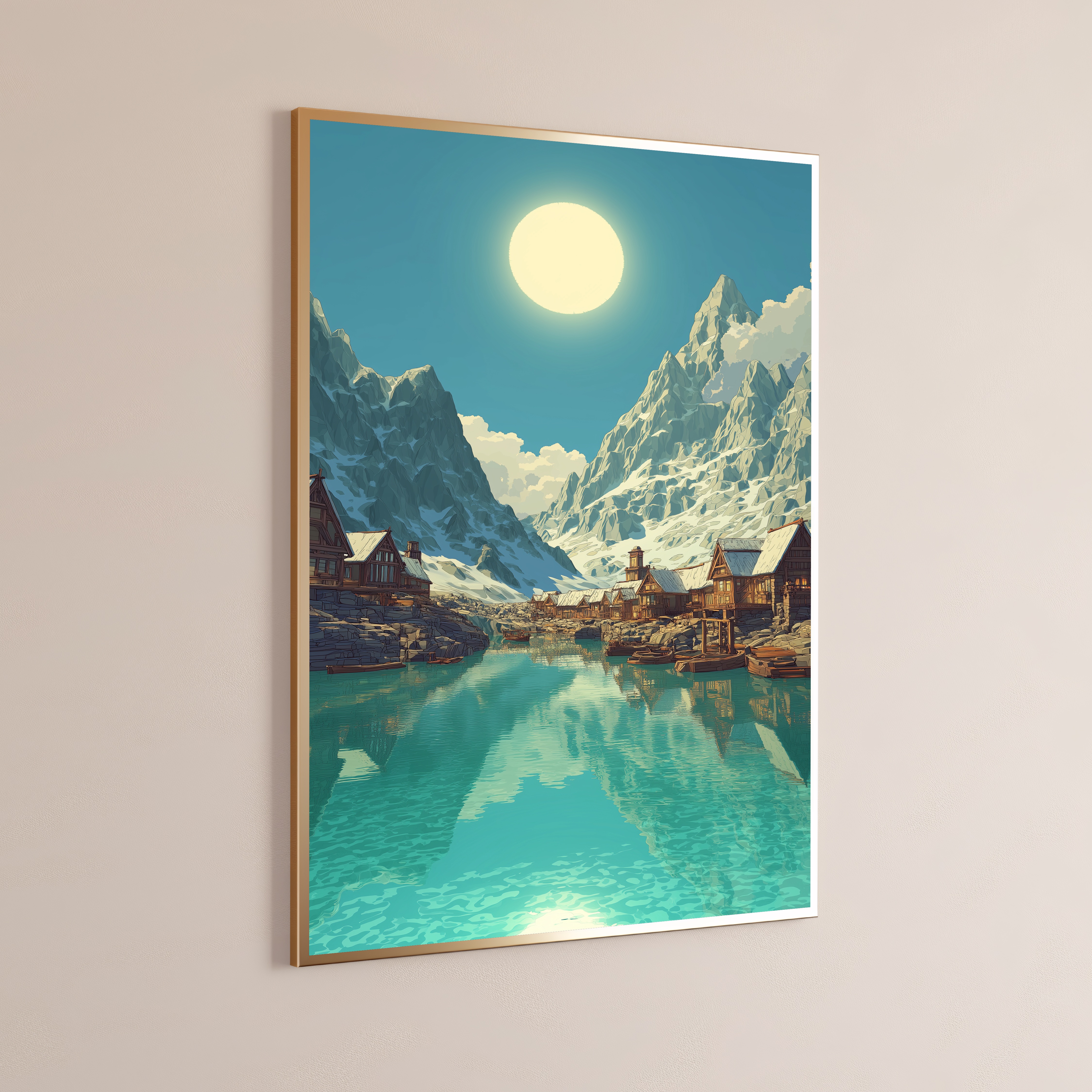 Alpine Lake Village Anime Art Print