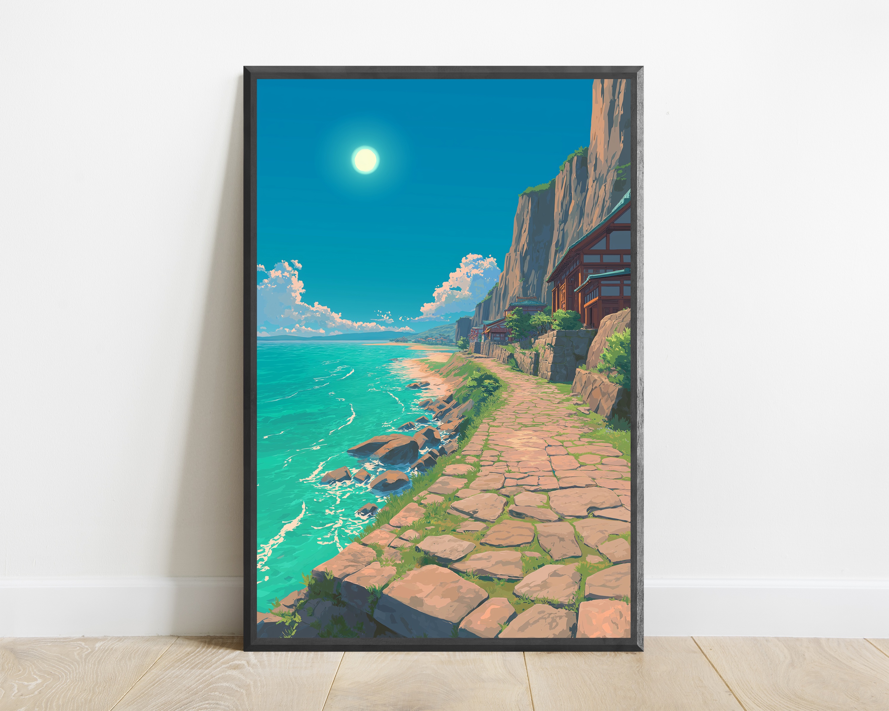 Seaside Town Stone Pathway Anime Art Print — view 1