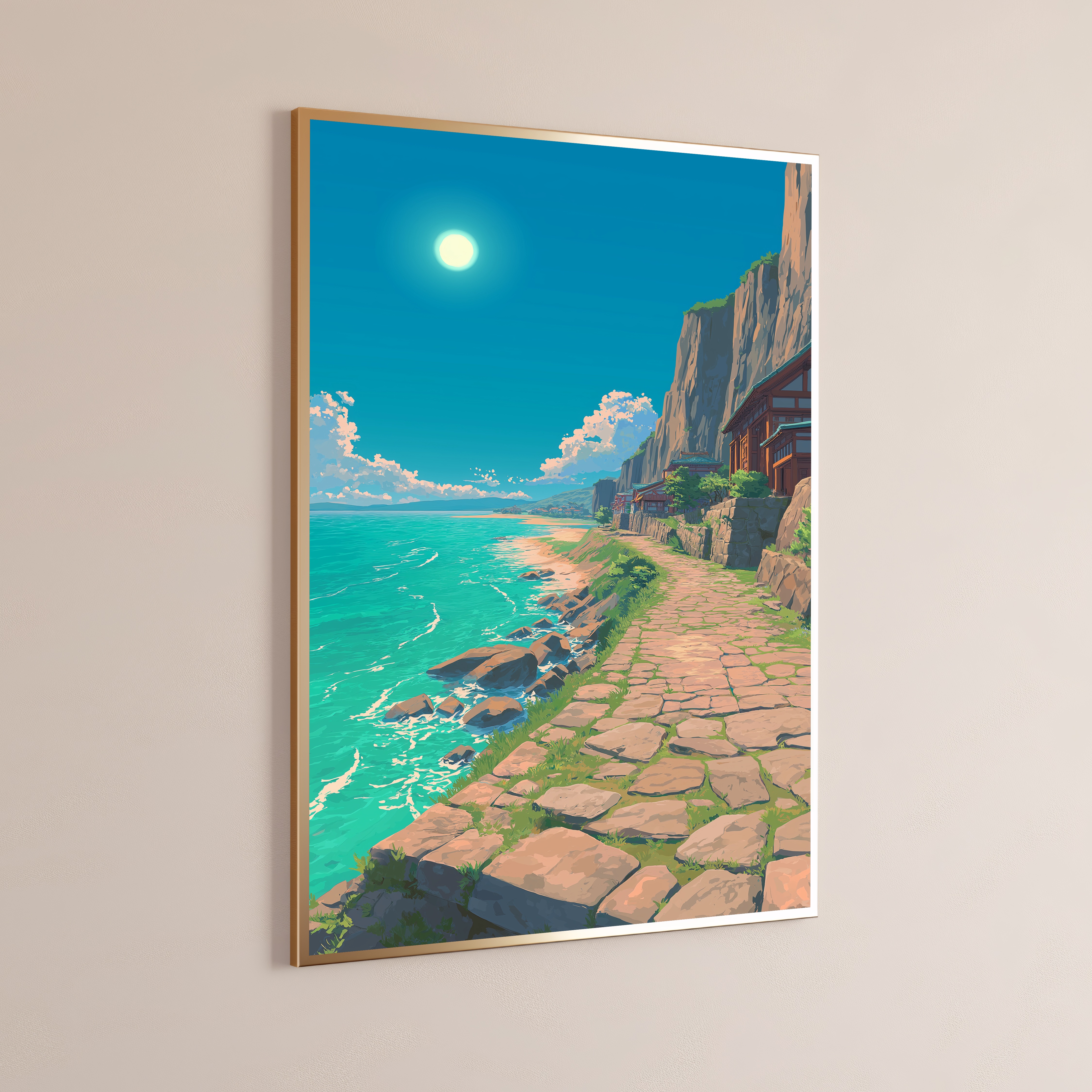 Seaside Town Stone Pathway Anime Art Print