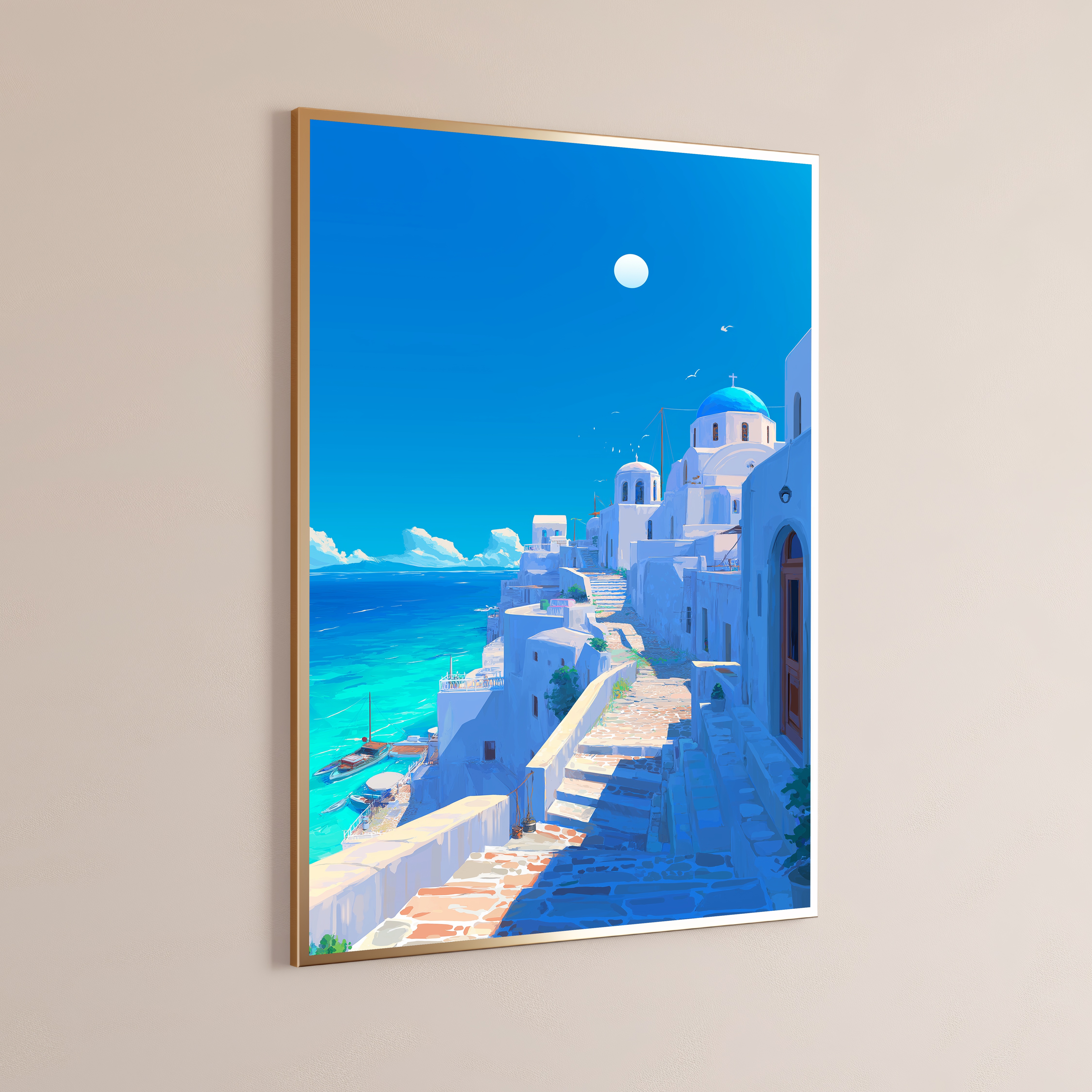 Santorini Whitewashed Anime Art Print