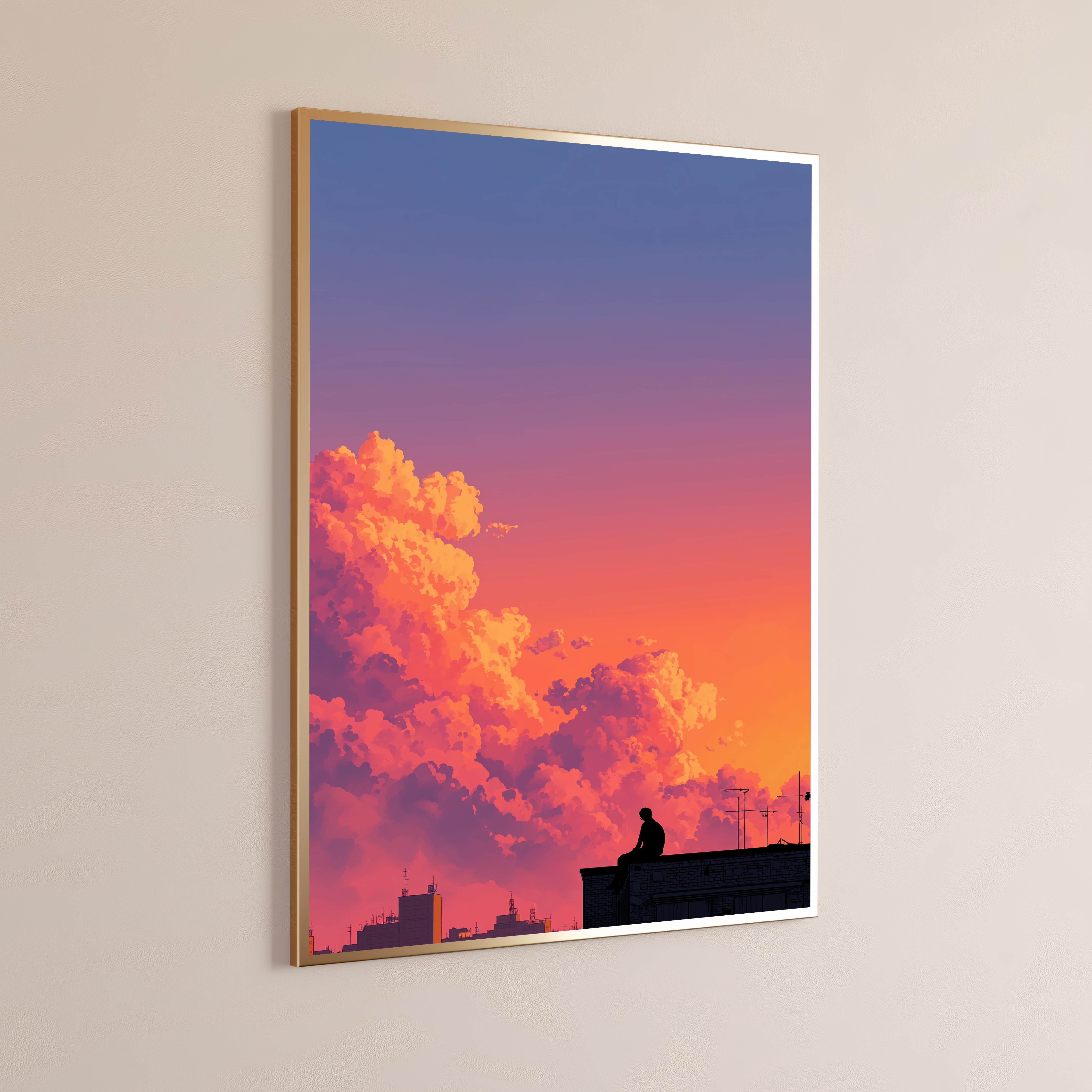 Rooftop Sunset Anime Wall Art Print