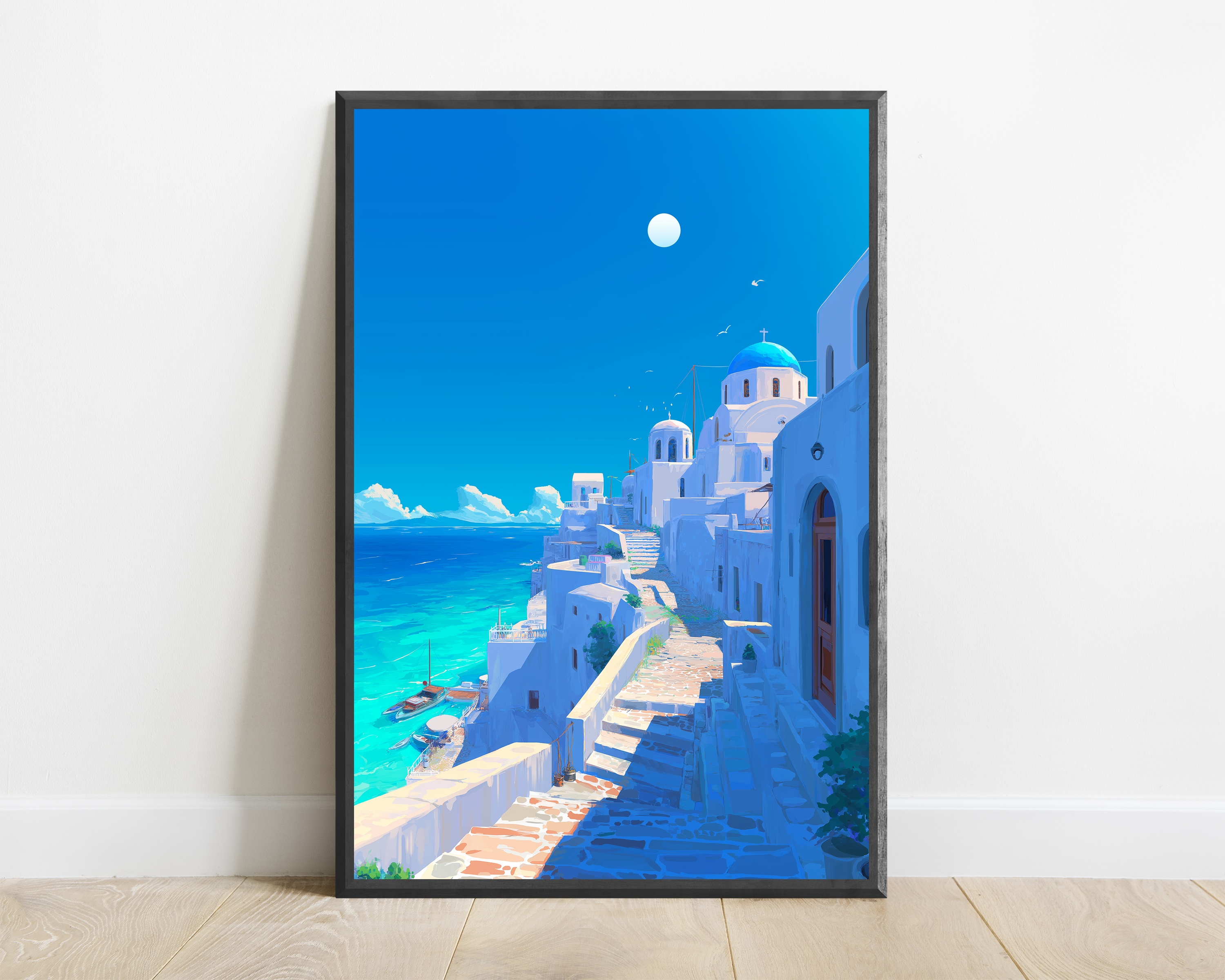 Santorini Whitewashed Anime Art Print