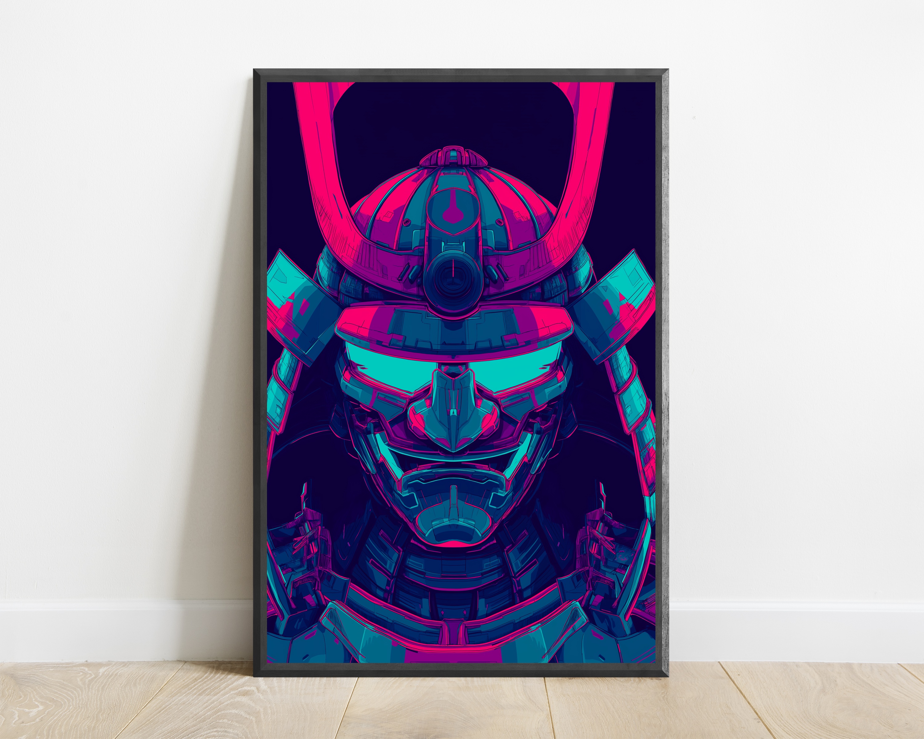 Neon Samurai Helmet Cyberpunk Art Print — view 1