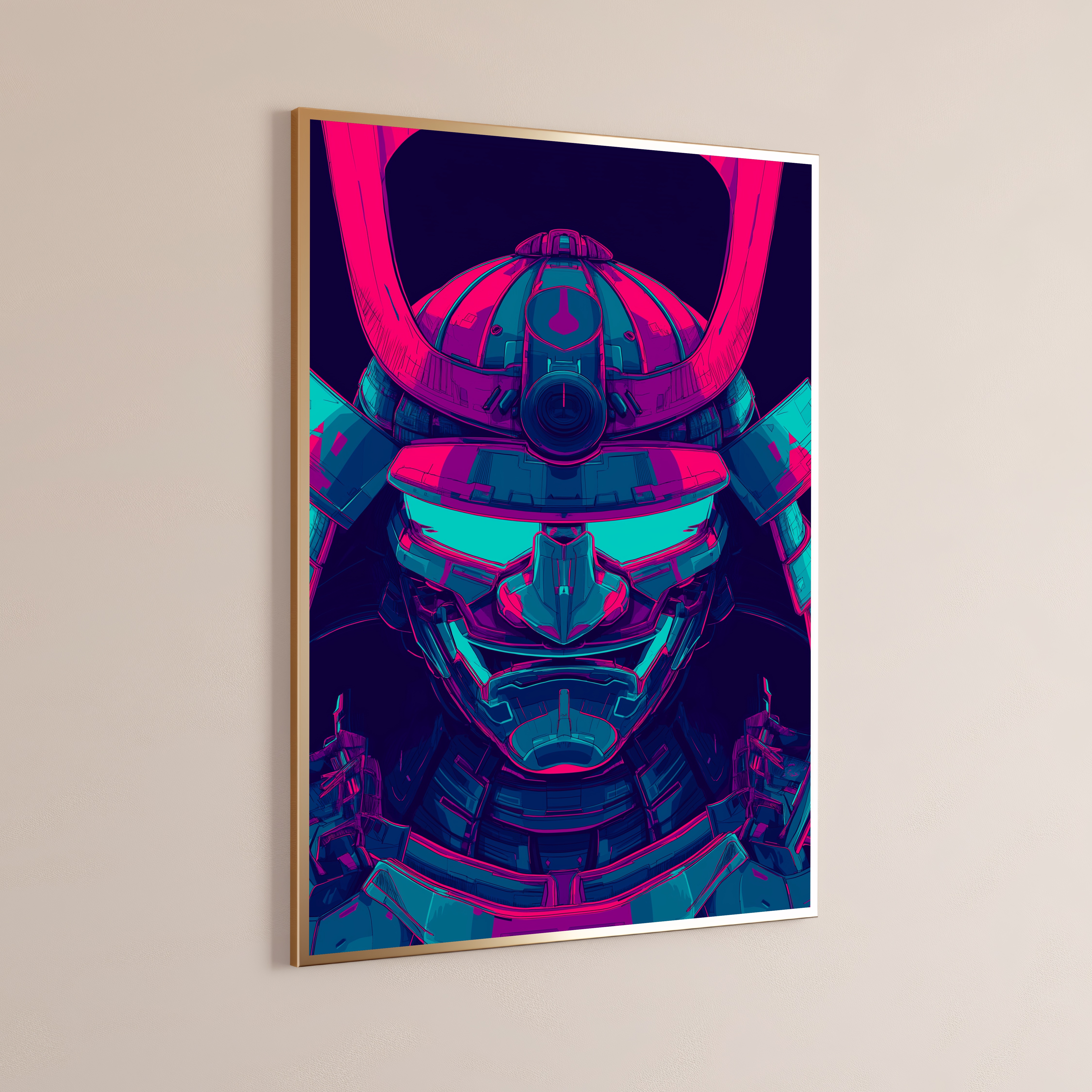 Neon Samurai Helmet Cyberpunk Art Print