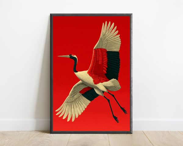 Red Crowned Crane Japanese Art Print