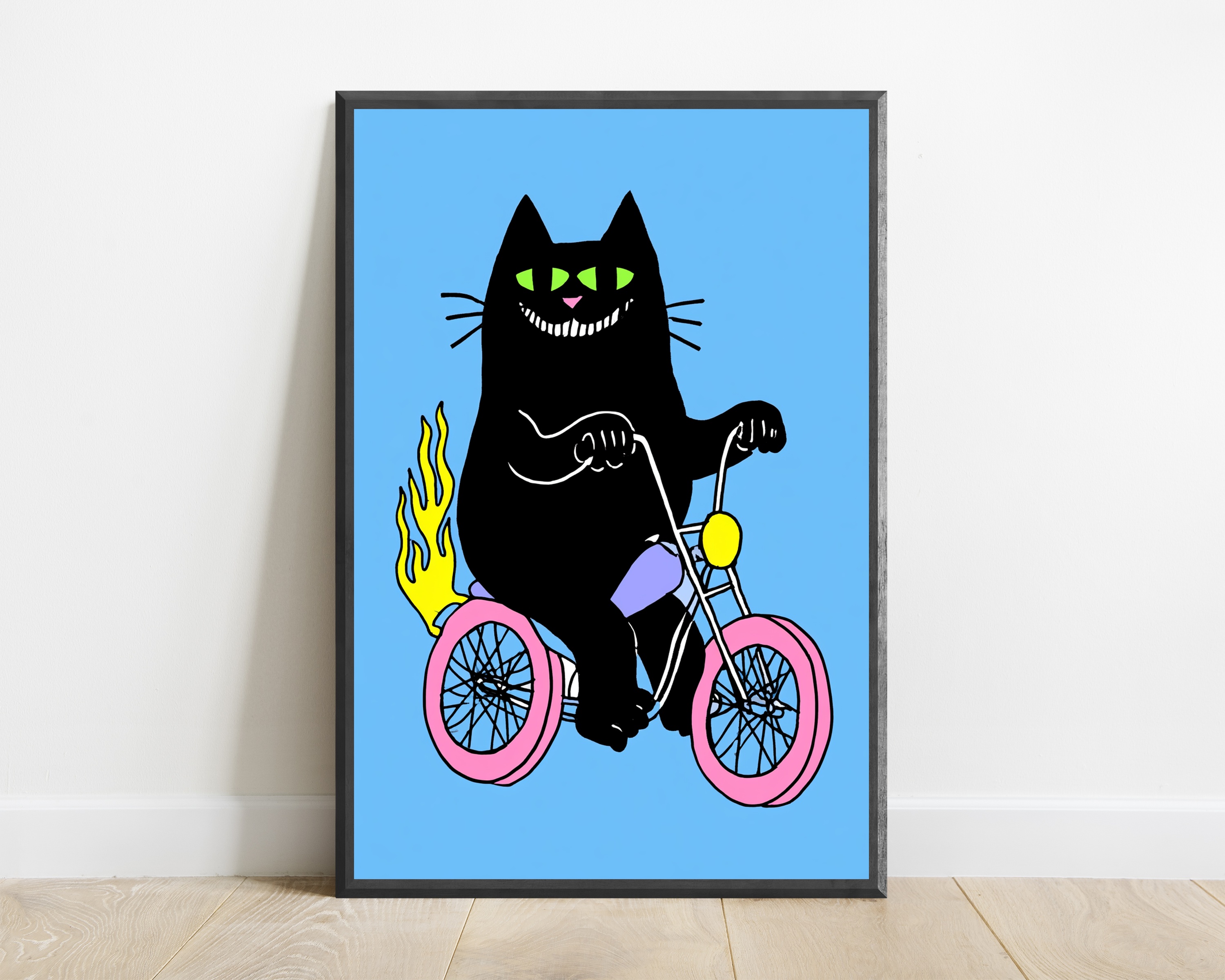 Evil Grinning Black Cat on Motorcycle Pop Art Print