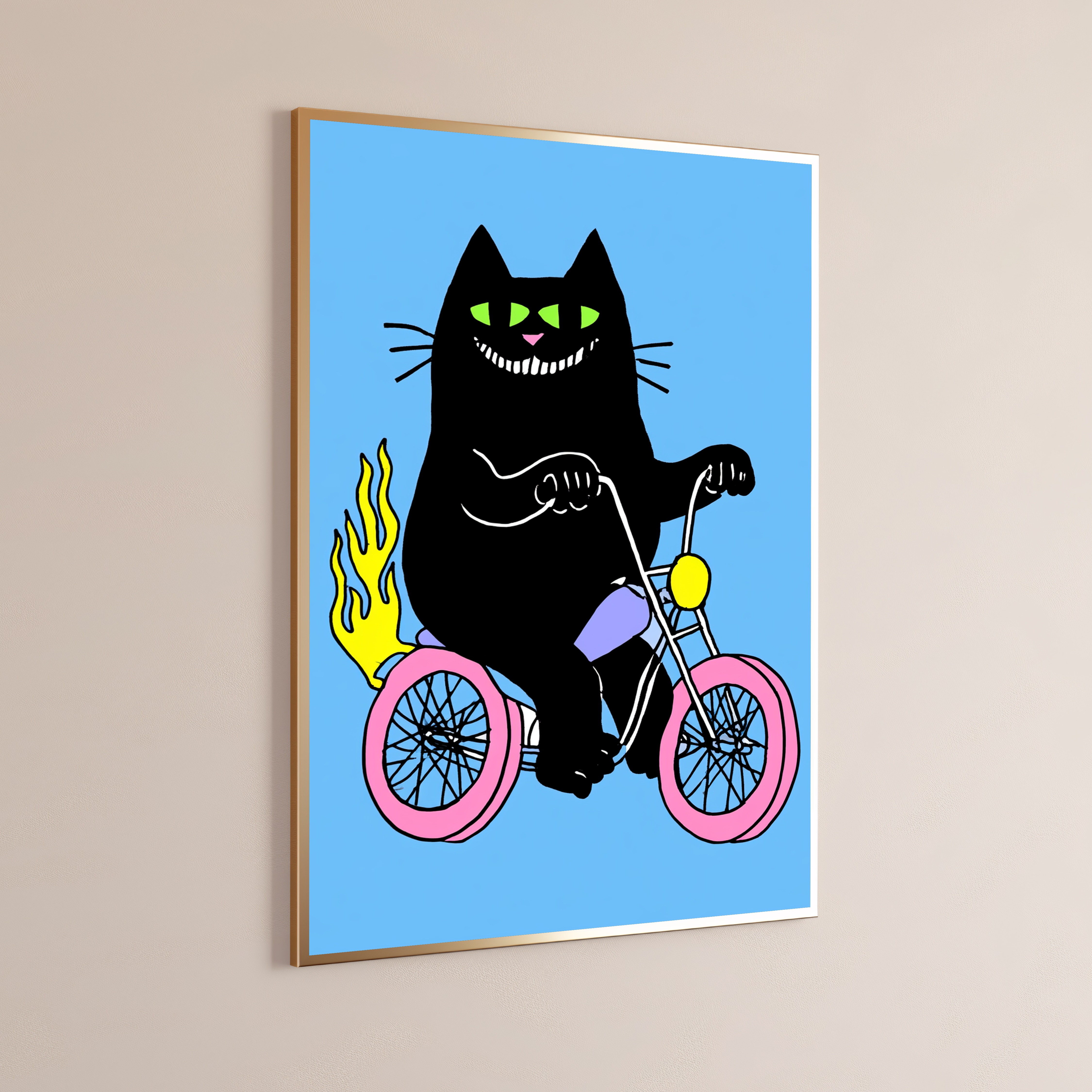 Evil Grinning Black Cat on Motorcycle Pop Art Print