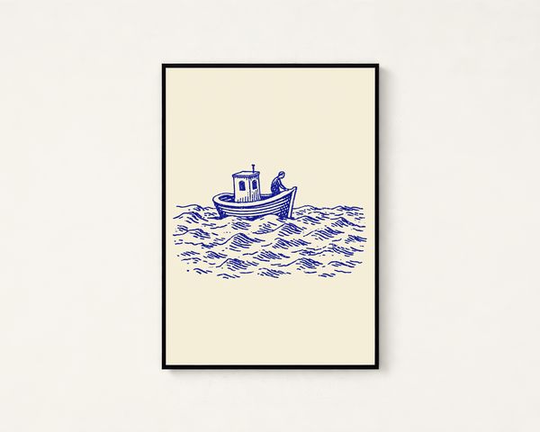 Vintage Fisherman Boat Line Art Print