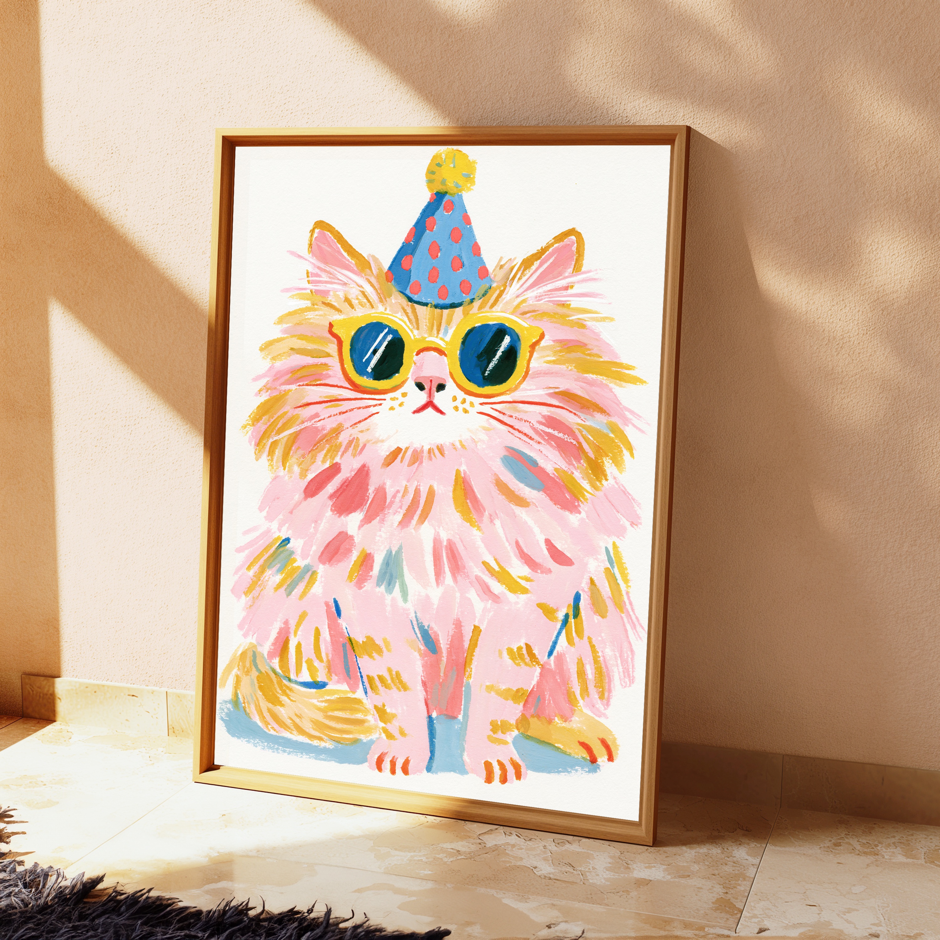 Fluffy Pink Cat Party Hat Pop Art Print view 2