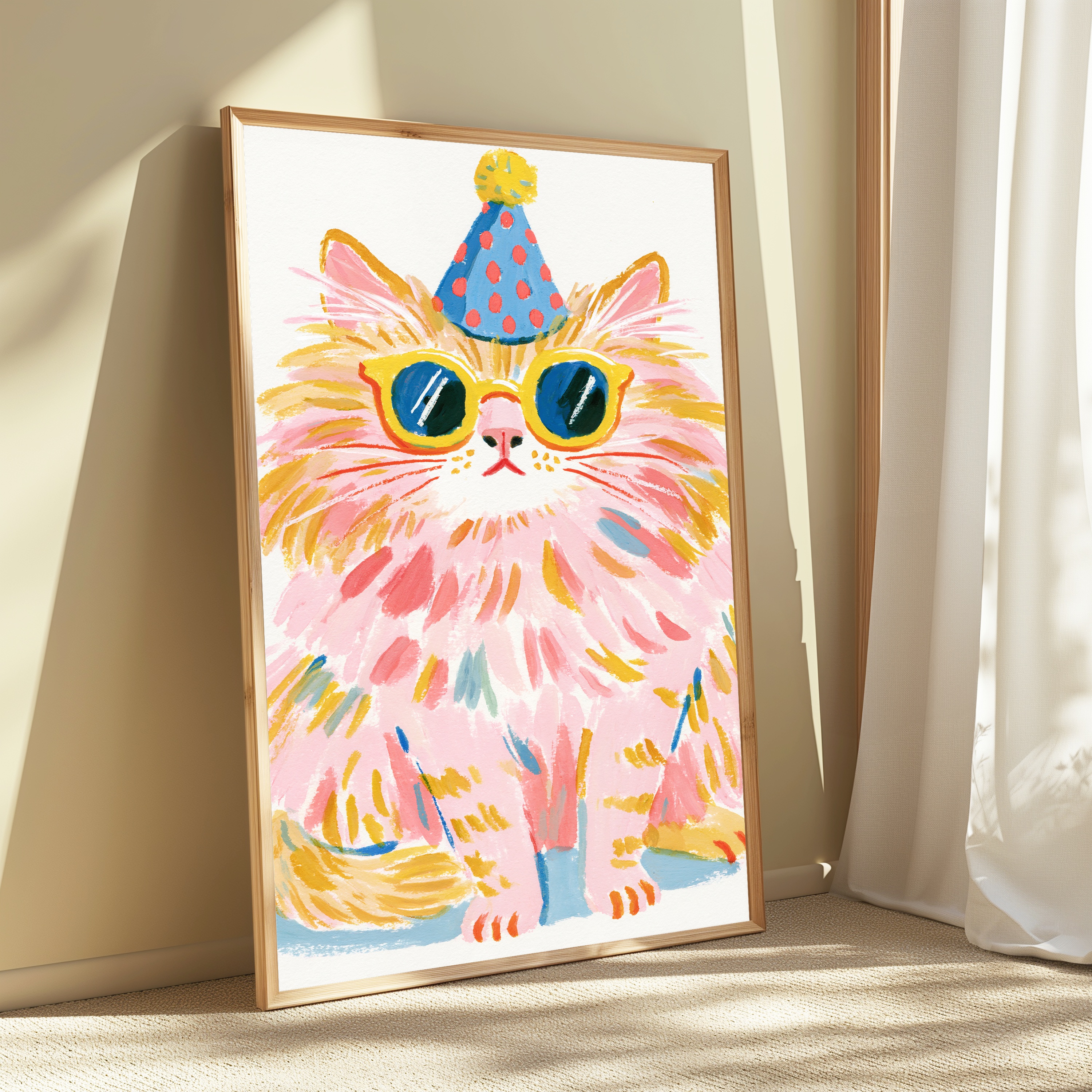 Fluffy Pink Cat Party Hat Pop Art Print view 3